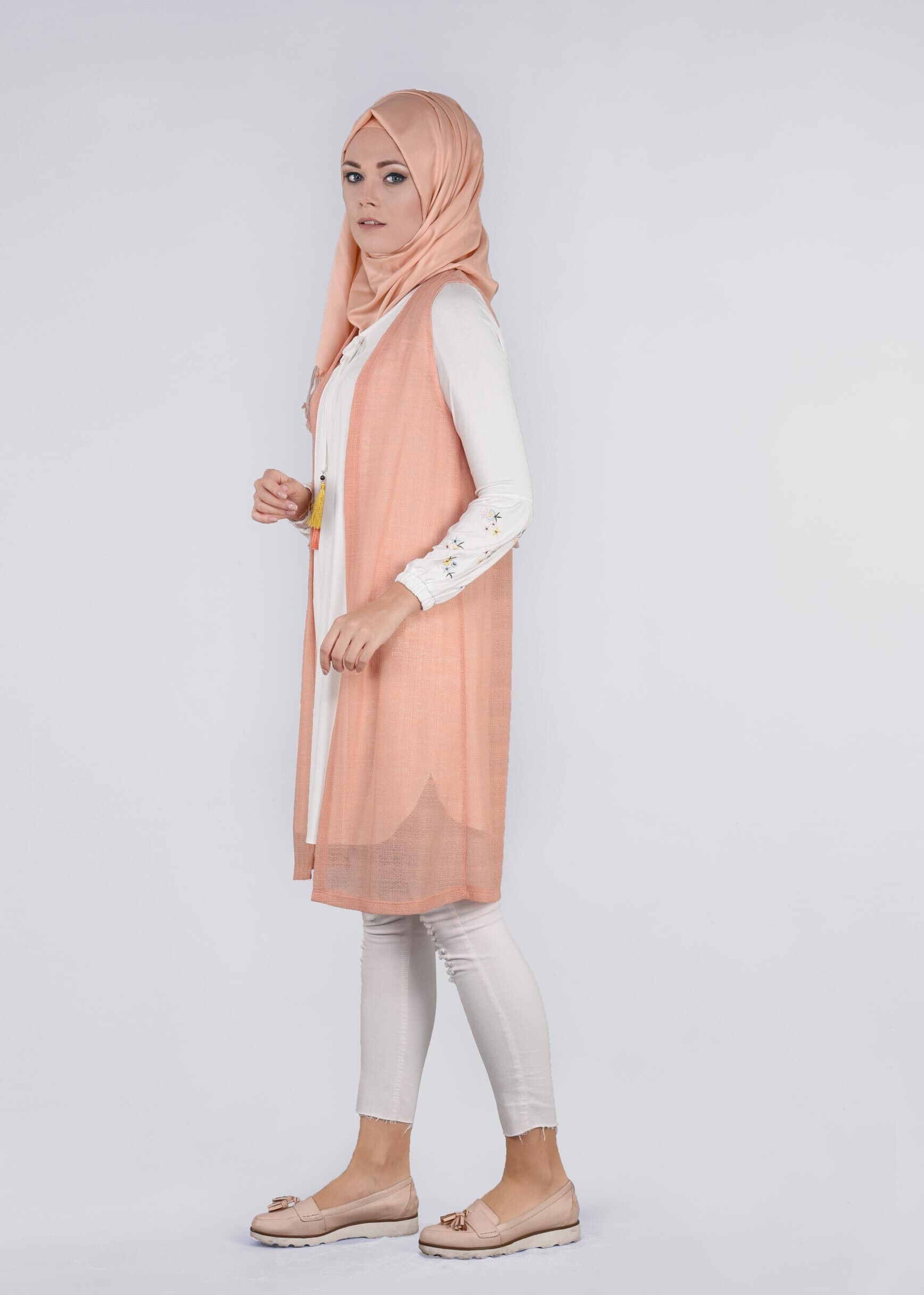 Tesettür giyim PUDRA 4533 ÇİZGİLİ DANTEL 2&prime;Lİ TUNİK 38/44