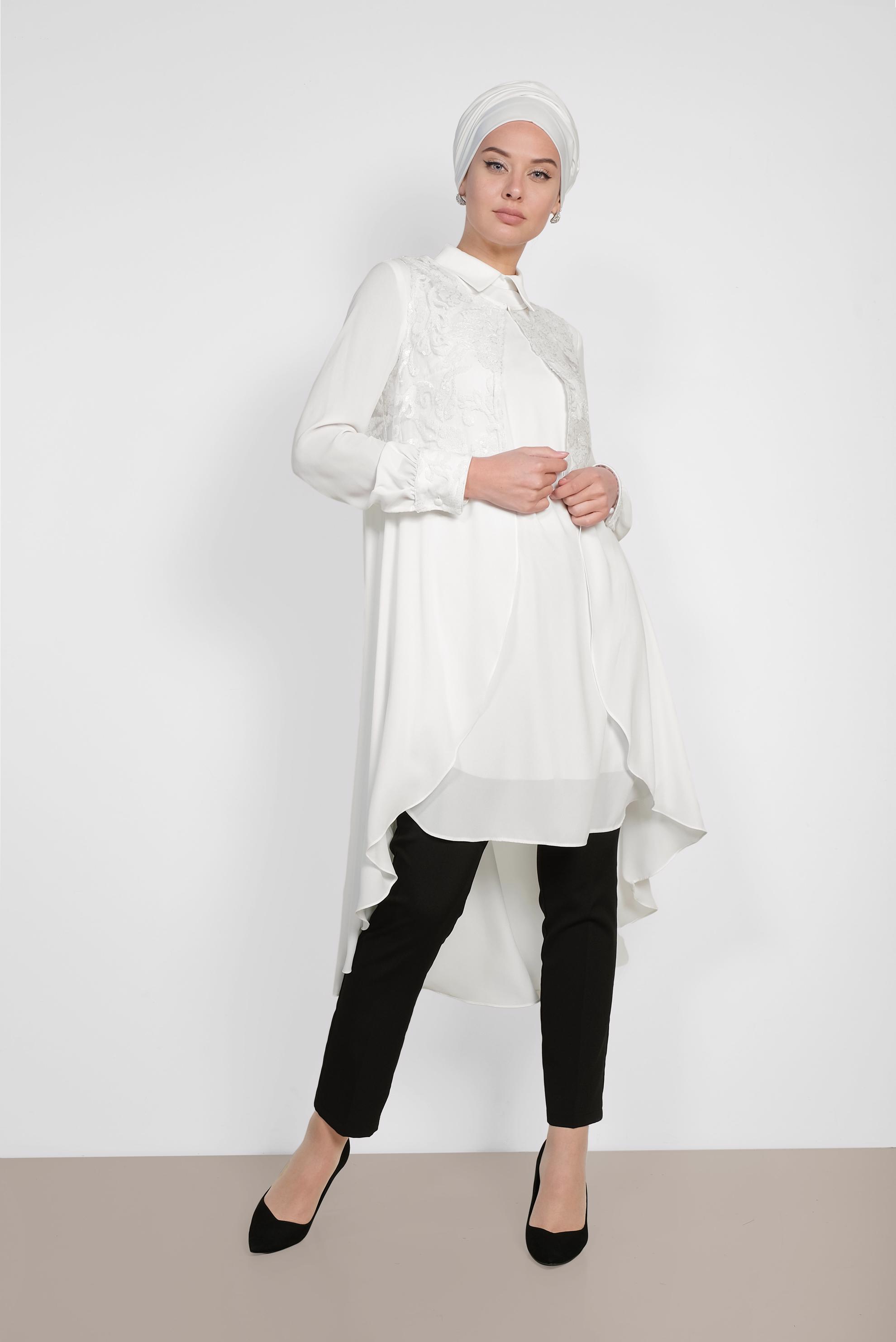 Tesettür giyim BEYAZ PUL PAYET İŞLEMELİ İKİLİ TUNİK 4536