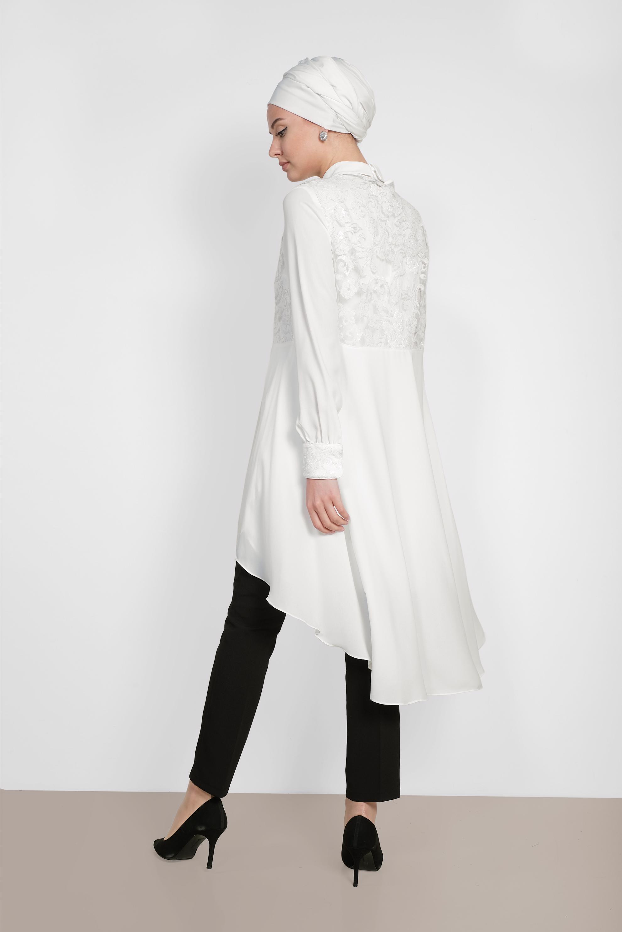 Tesettür giyim BEYAZ PUL PAYET İŞLEMELİ İKİLİ TUNİK 4536