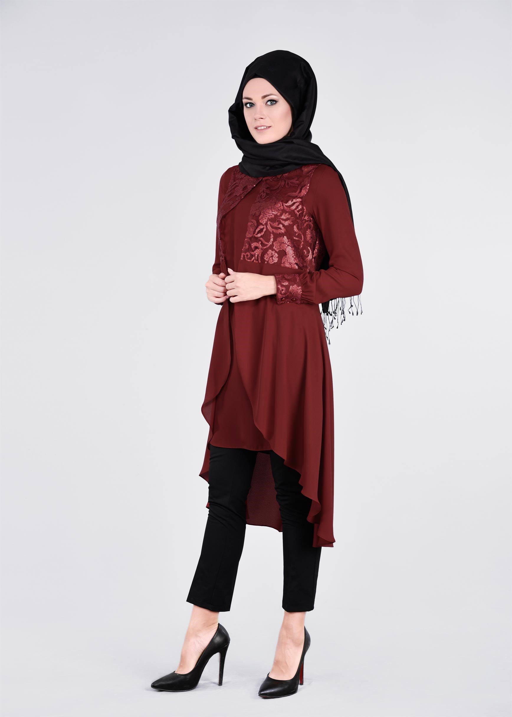 Tesettür giyim BORDO PUL PAYET İŞLEMELİ İKİLİ TUNİK 4536