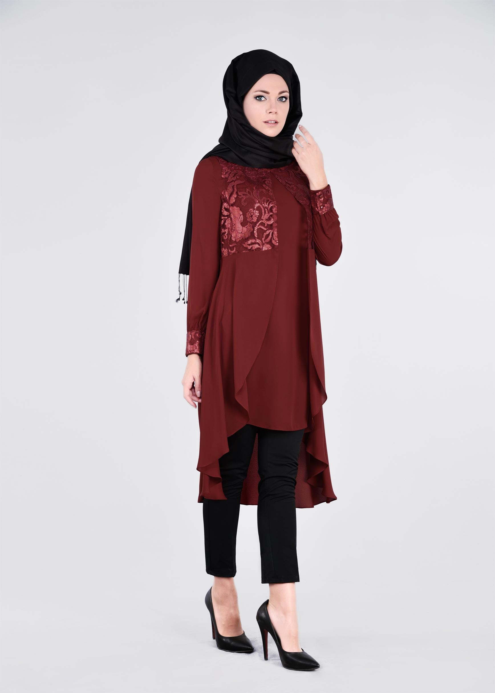 Tesettür giyim BORDO PUL PAYET İŞLEMELİ İKİLİ TUNİK 4536