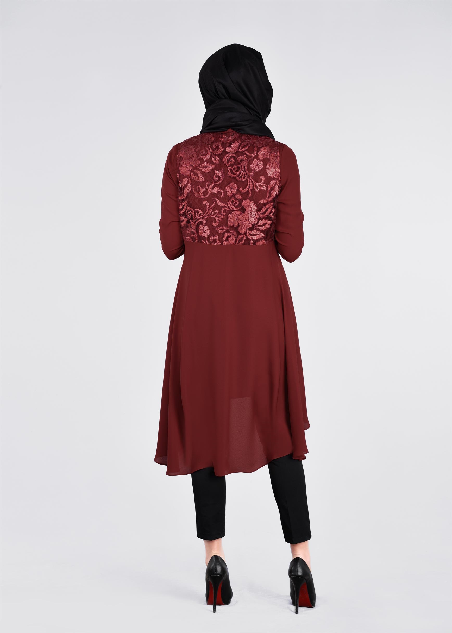 Tesettür giyim BORDO PUL PAYET İŞLEMELİ İKİLİ TUNİK 4536