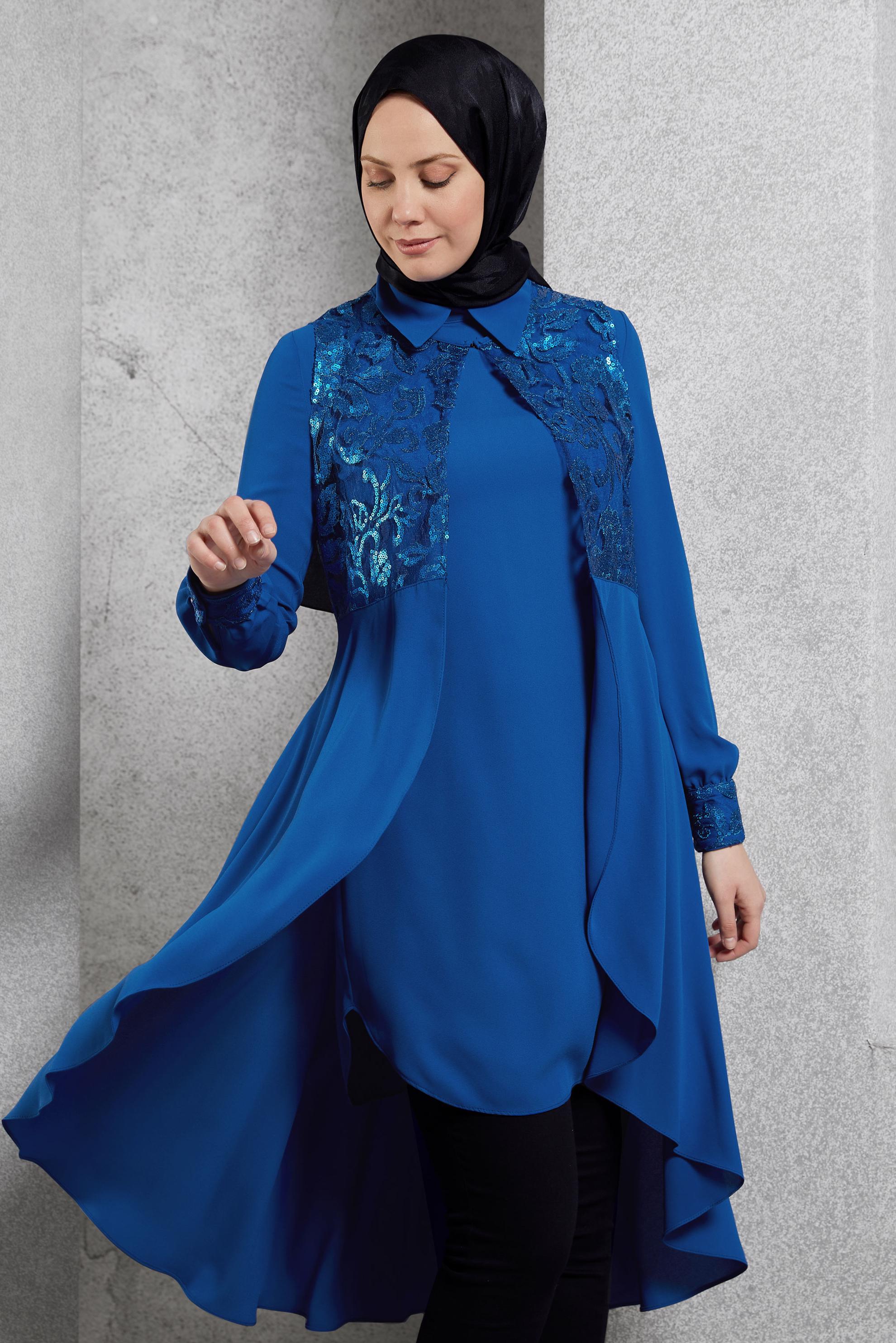 Tesettür giyim LACİVERT PUL PAYET İŞLEMELİ İKİLİ TUNİK 4536