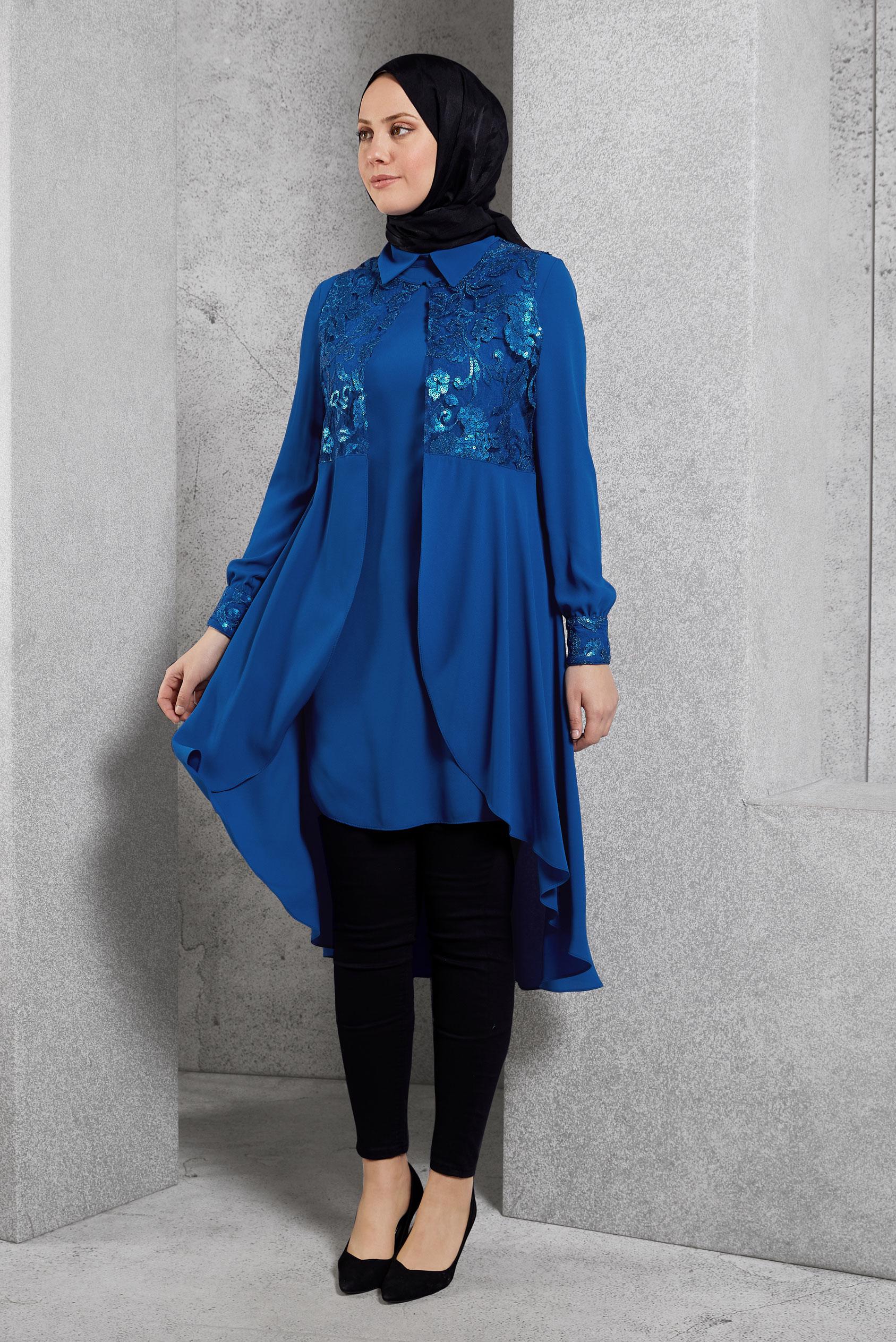 Tesettür giyim LACİVERT PUL PAYET İŞLEMELİ İKİLİ TUNİK 4536