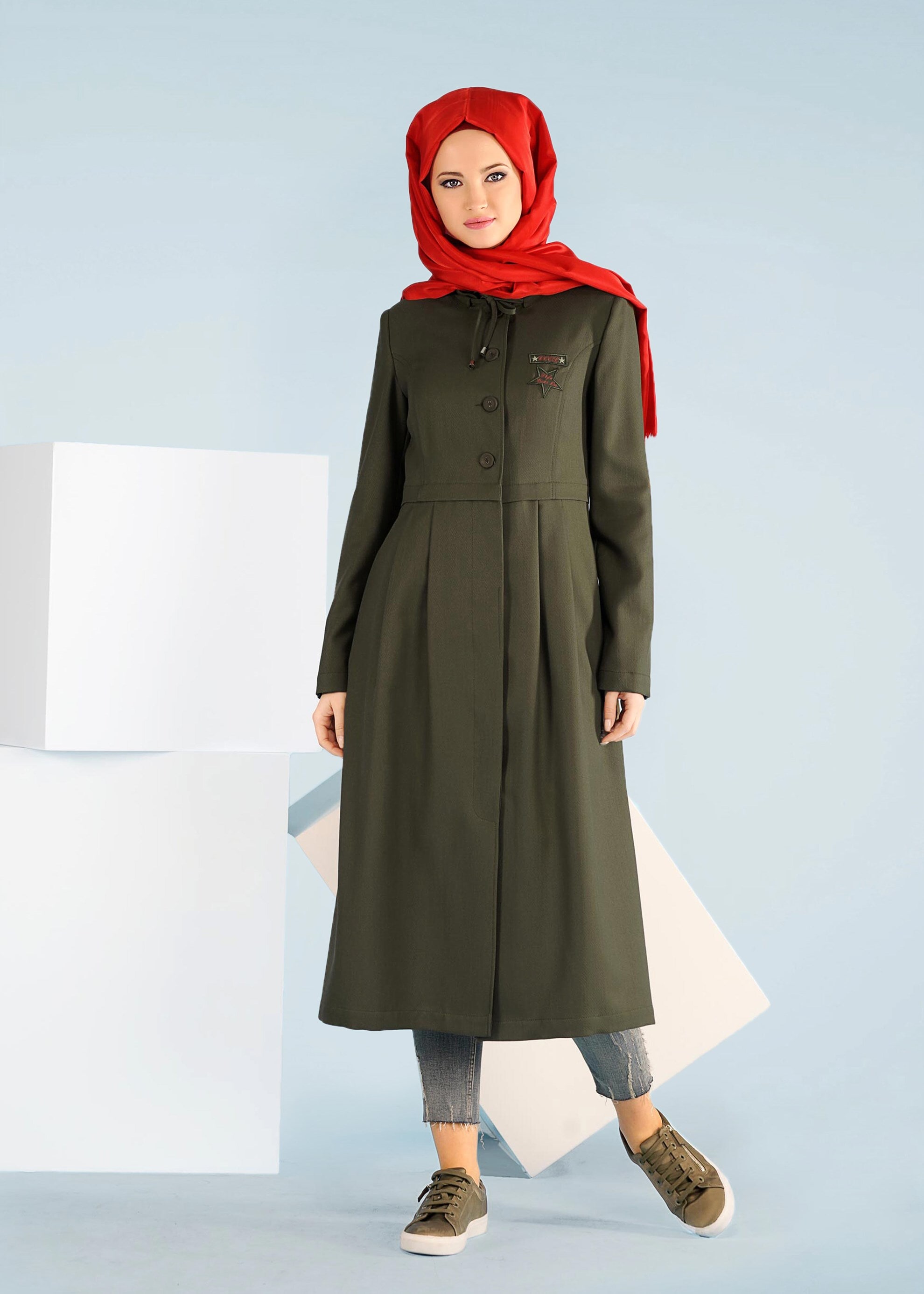 Tesettür giyim HAKİ 1014 TAYLOR TRENCH 38/44 TEK40