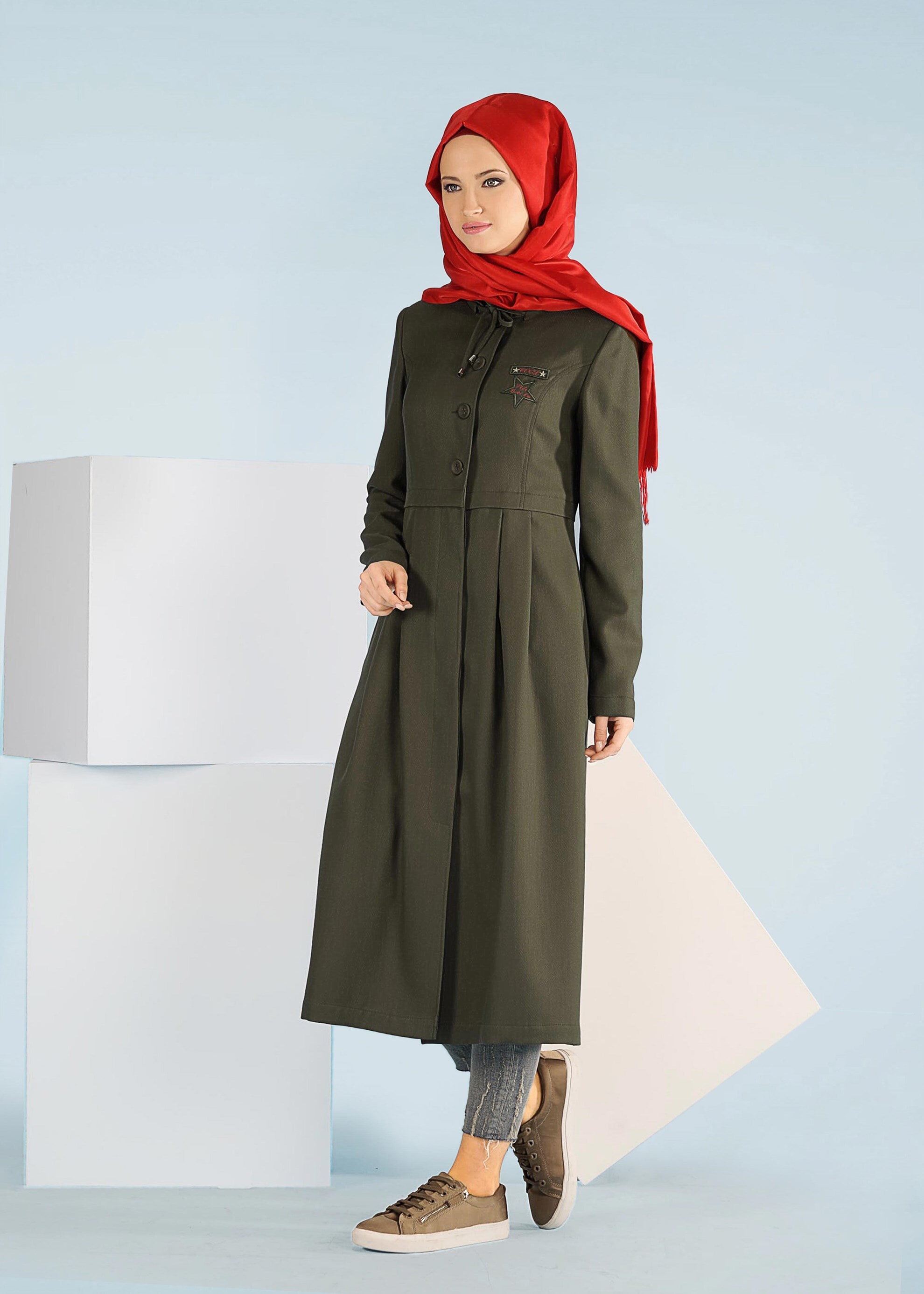 Tesettür giyim HAKİ 1014 TAYLOR TRENCH 38/44 TEK40