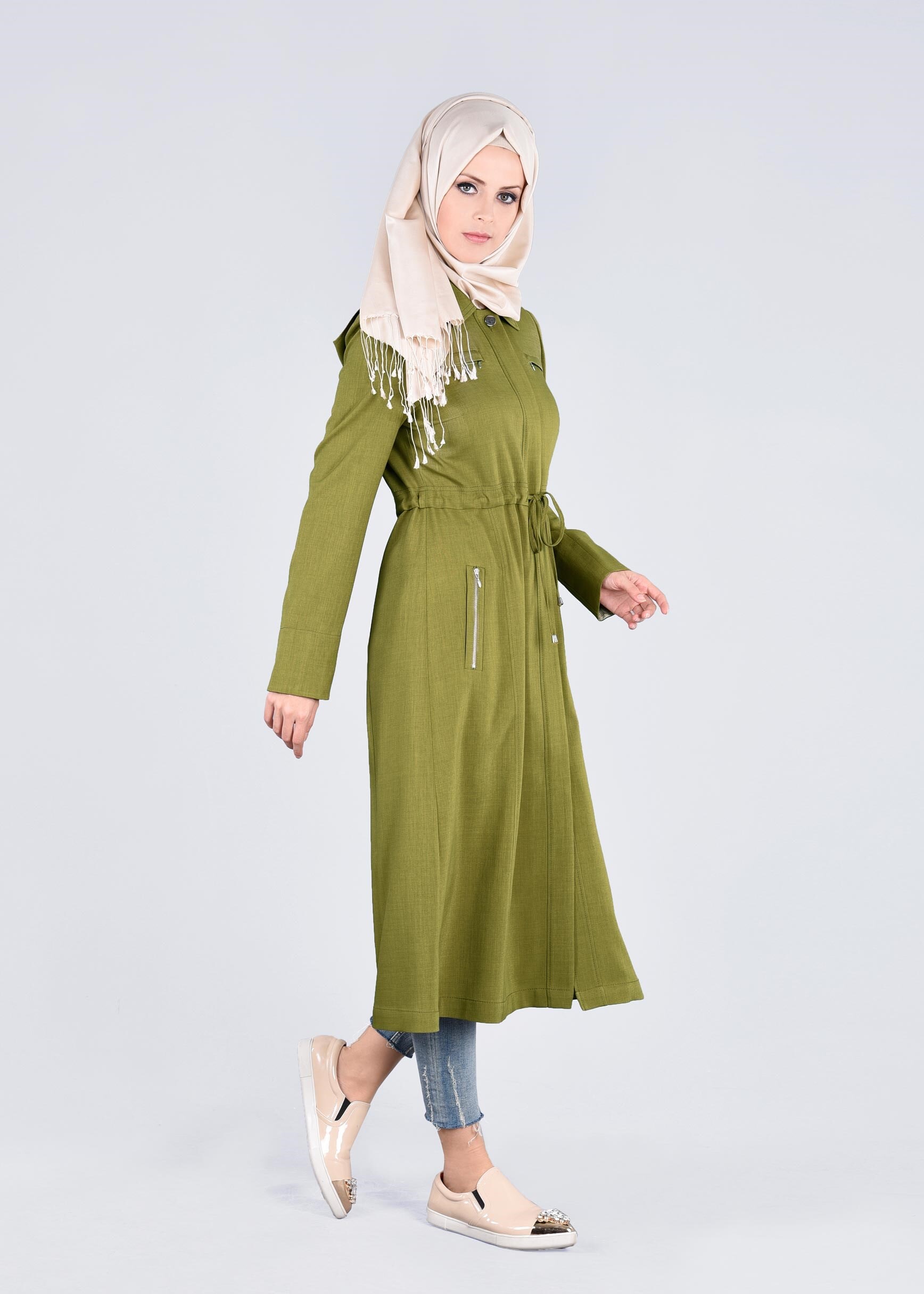 Tesettür giyim YEŞİL 1017 STİL 8563 TRENCH 38/46 TEK40-42