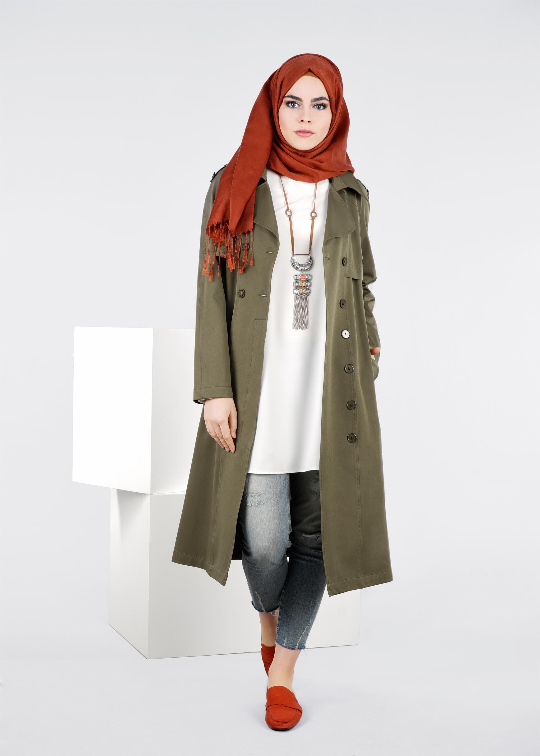 Tesettür giyim HAKİ 1019 YAREN 43717 TRENCH 38/46 TEK38