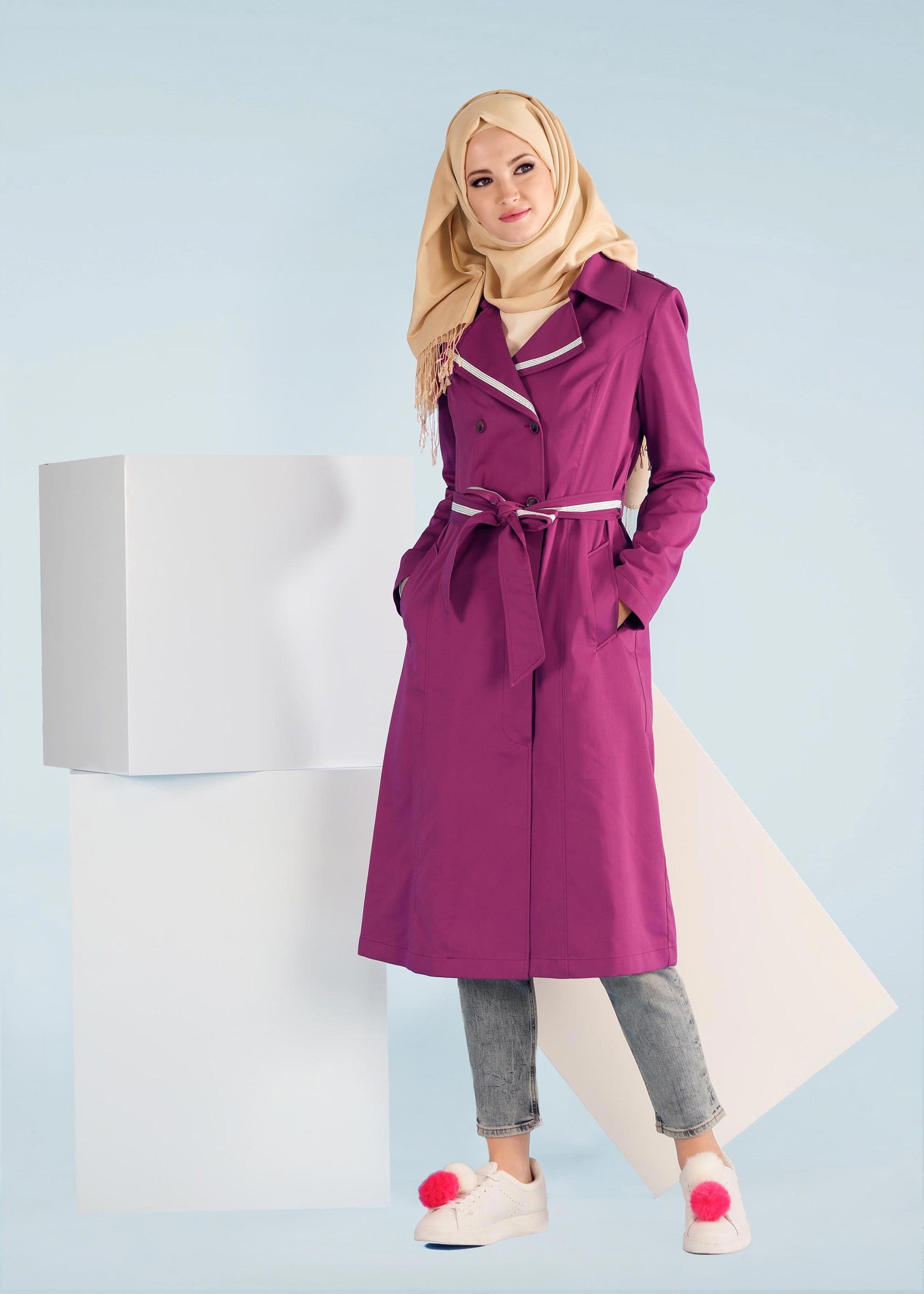 Tesettür giyim FUŞYA YAKASI TAŞLI DÜĞMELİ TRENÇKOT 1020