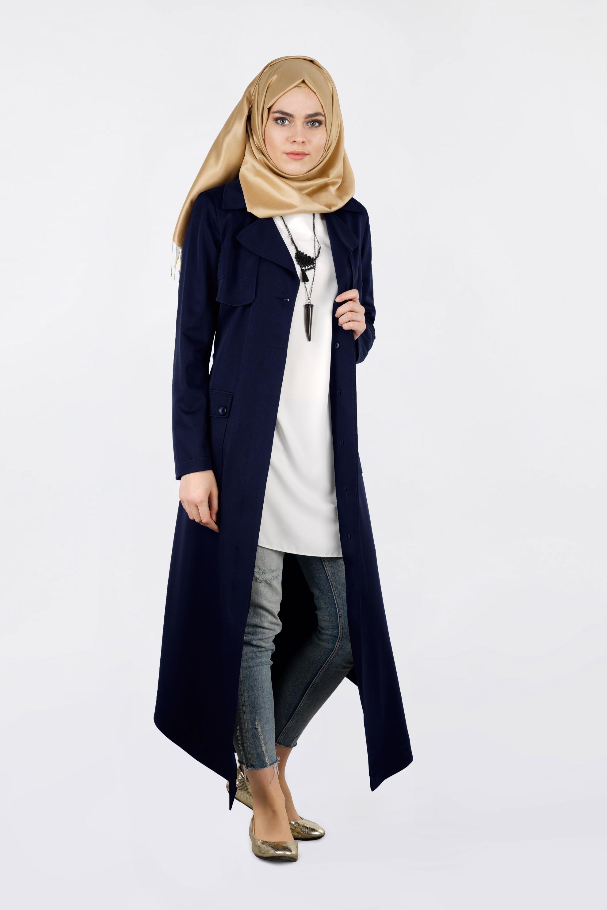 Tesettür giyim LACİVERT KUŞAKLI BASKILI TRENÇKOT 1021 