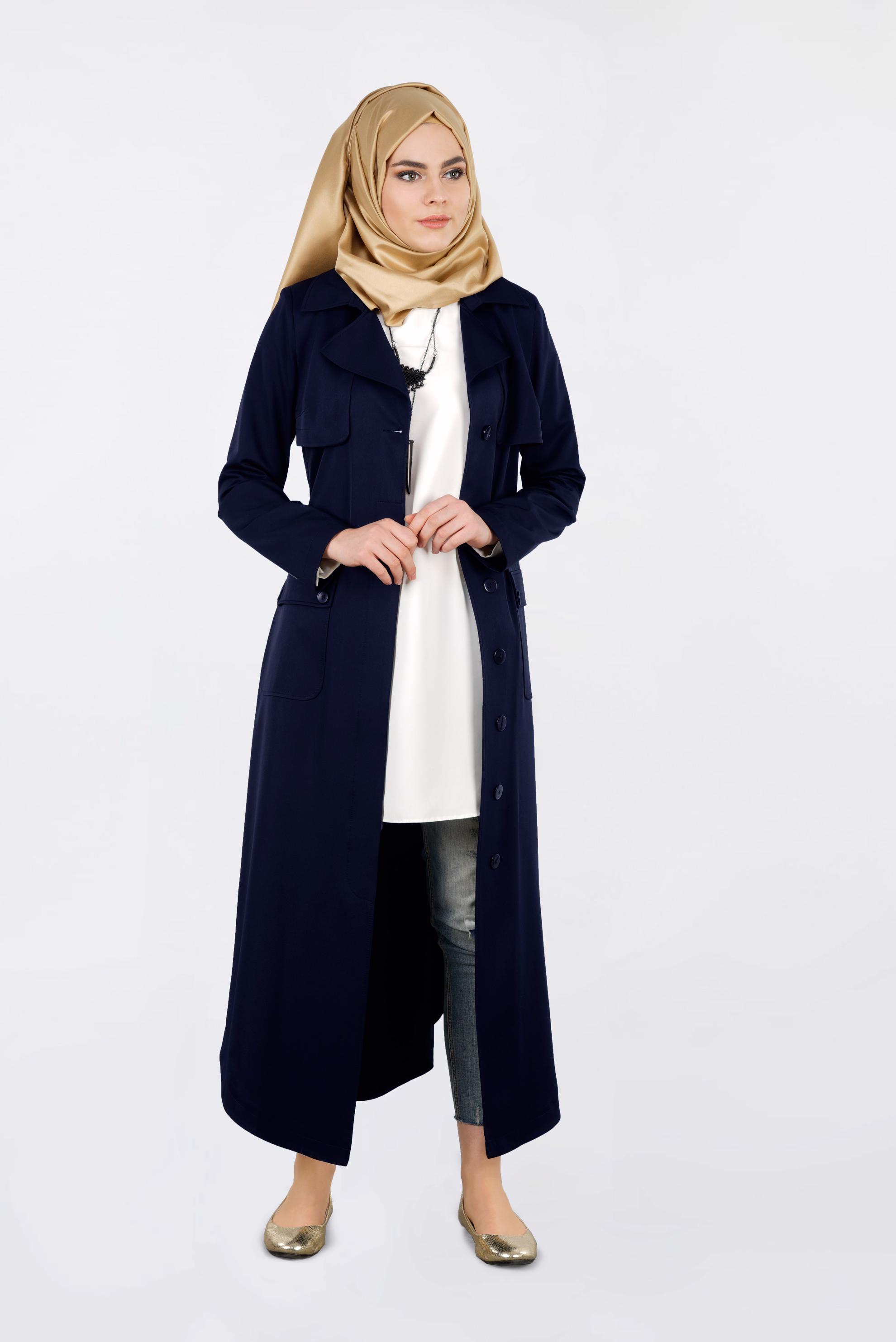 Tesettür giyim LACİVERT KUŞAKLI BASKILI TRENÇKOT 1021 