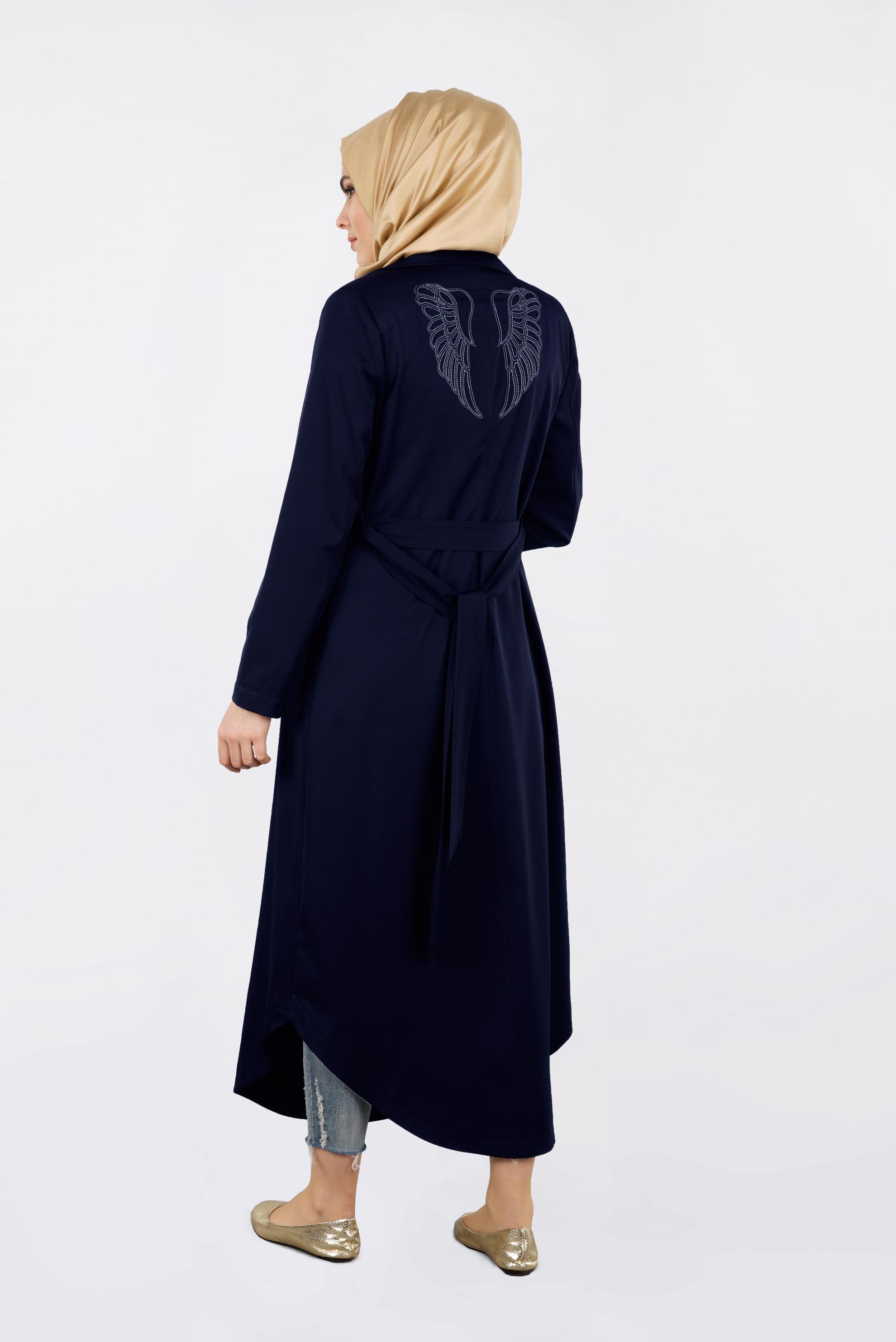 Tesettür giyim LACİVERT KUŞAKLI BASKILI TRENÇKOT 1021 