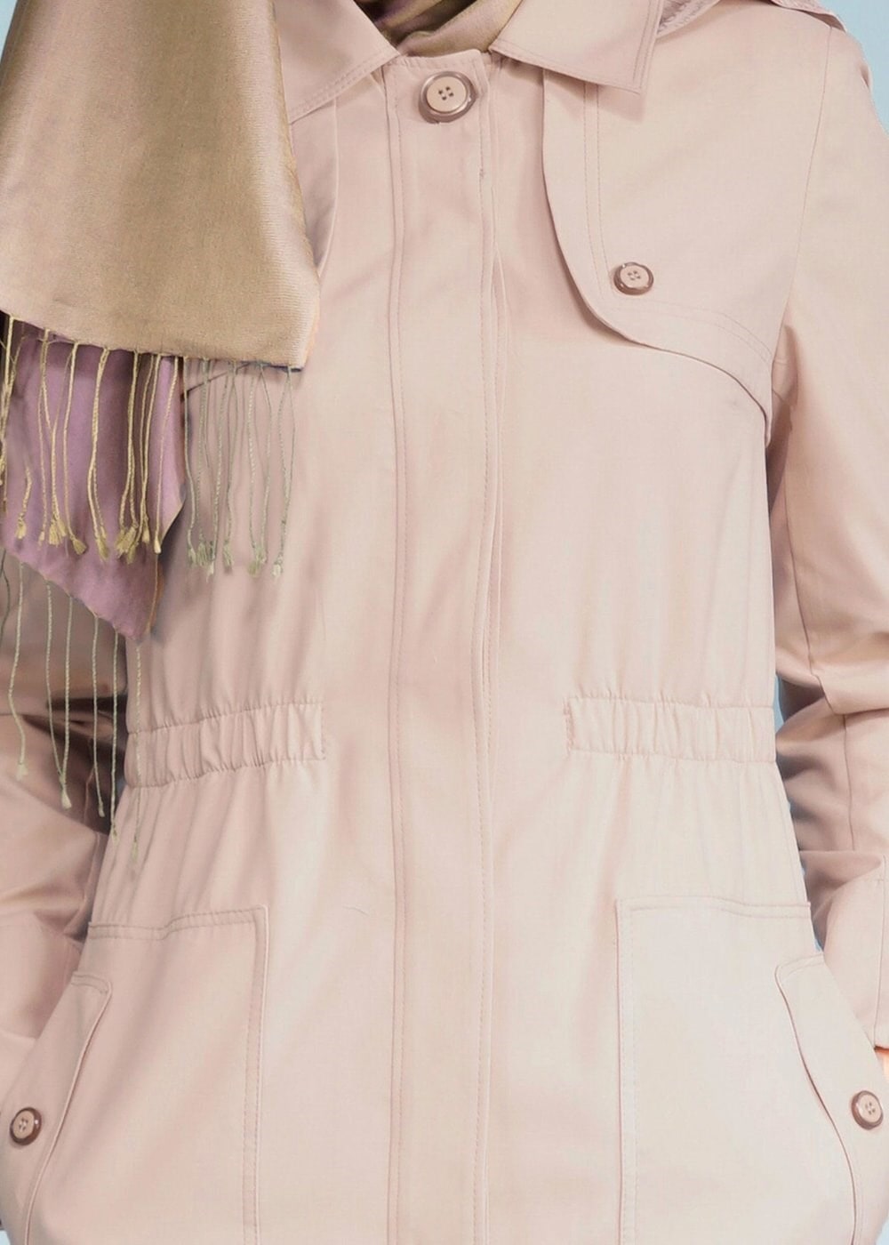 Tesettür giyim KAHVE BELİ BÜZGÜLÜ KAPÜŞONLU TRENÇKOT 1022 