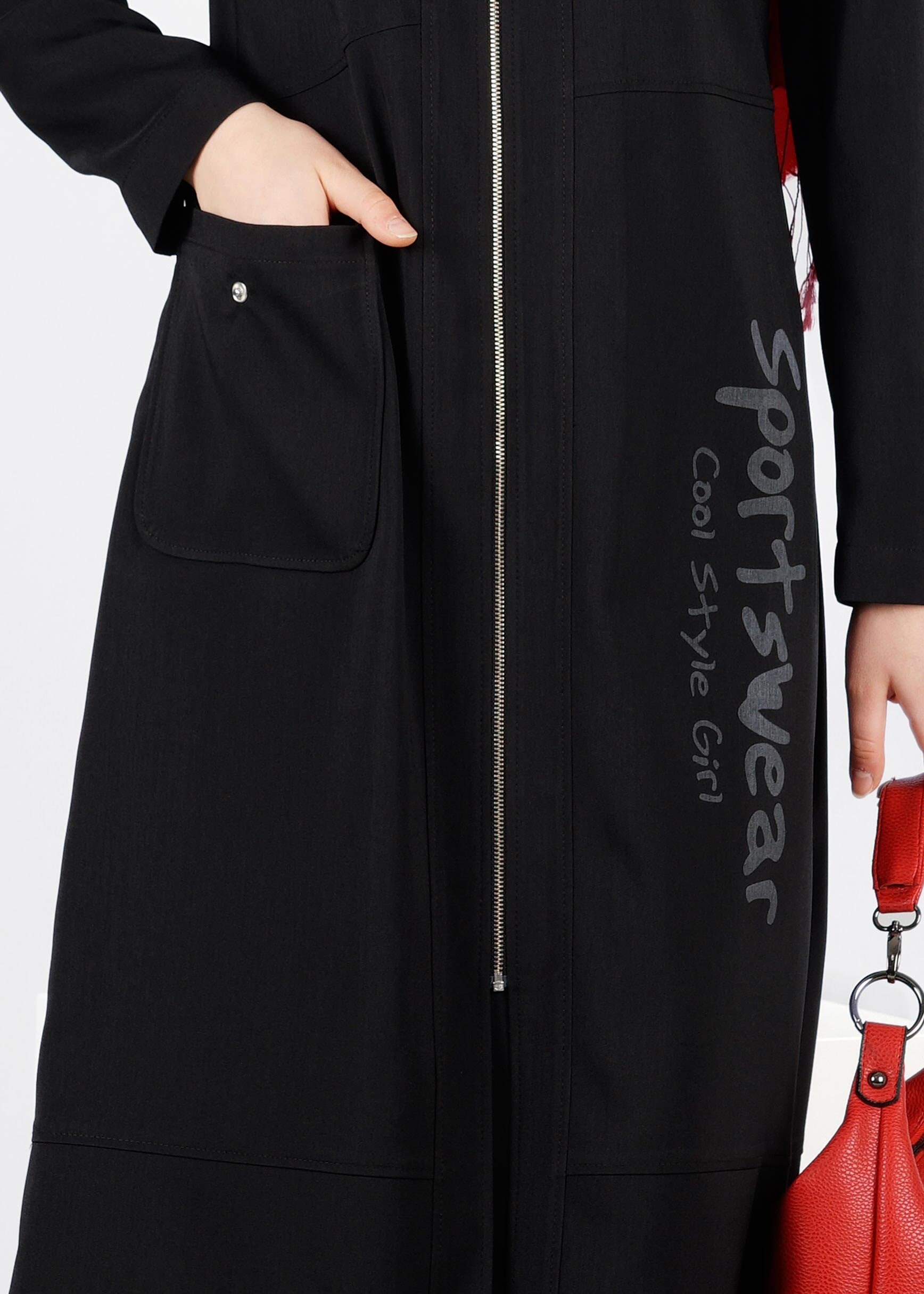 Tesettür giyim SİYAH YAZI DETAYLI FERMUARLI TRENÇKOT 1025