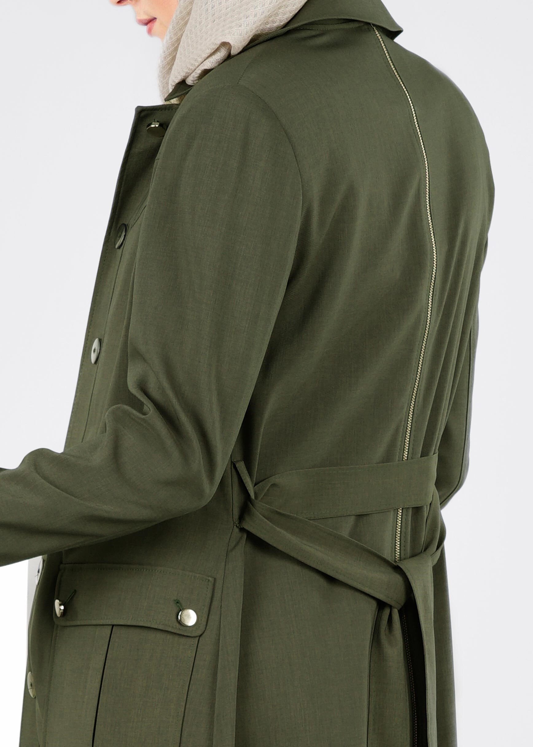 Tesettür giyim HAKİ KEMERLİ CEPLİ TRENÇKOT 1026 