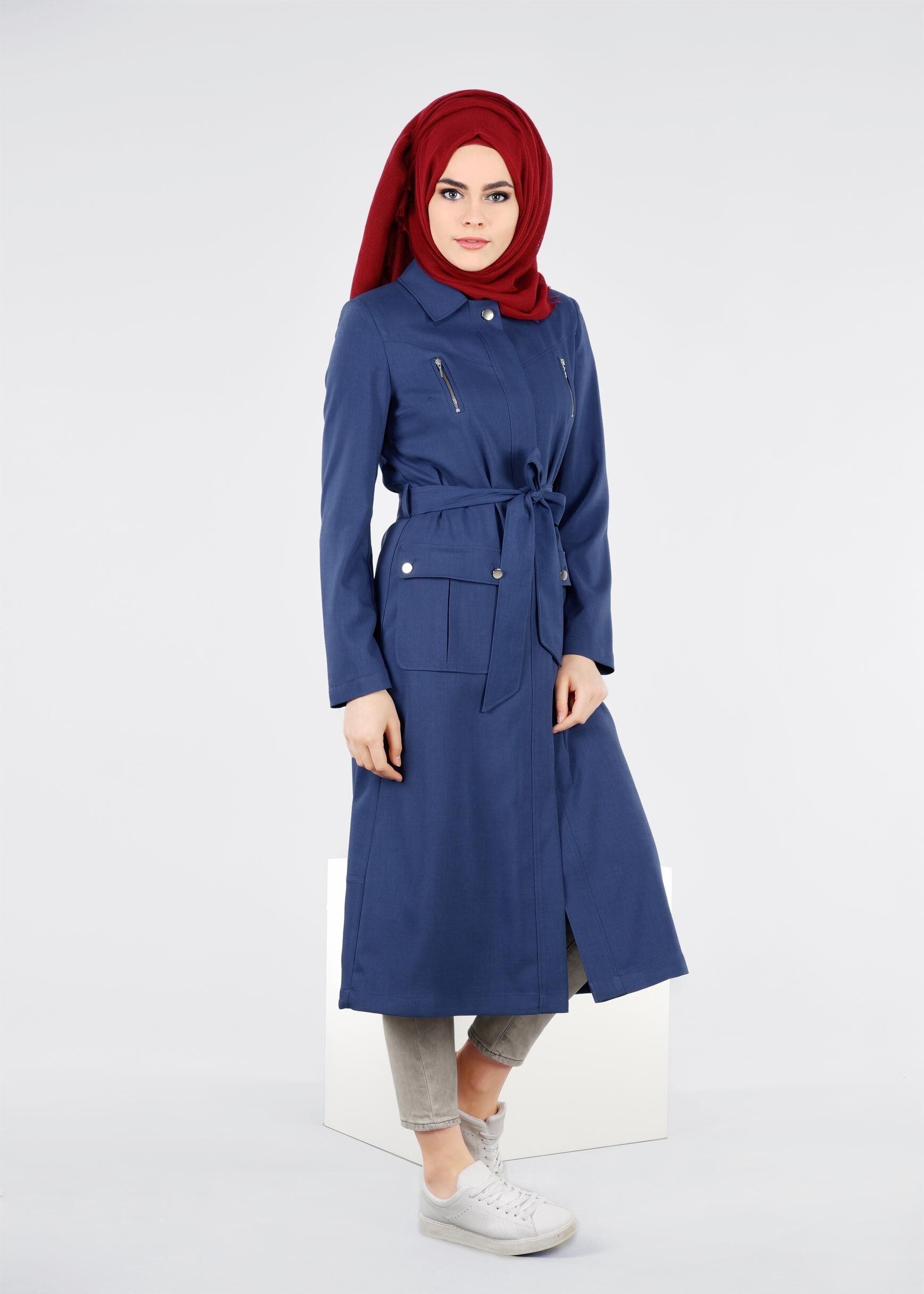 Tesettür giyim LACİVERT KEMERLİ CEPLİ TRENÇKOT 1026 