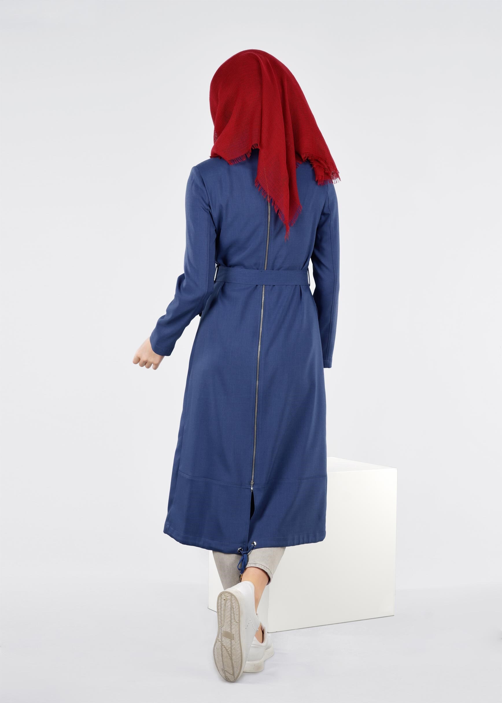 Tesettür giyim LACİVERT KEMERLİ CEPLİ TRENÇKOT 1026 