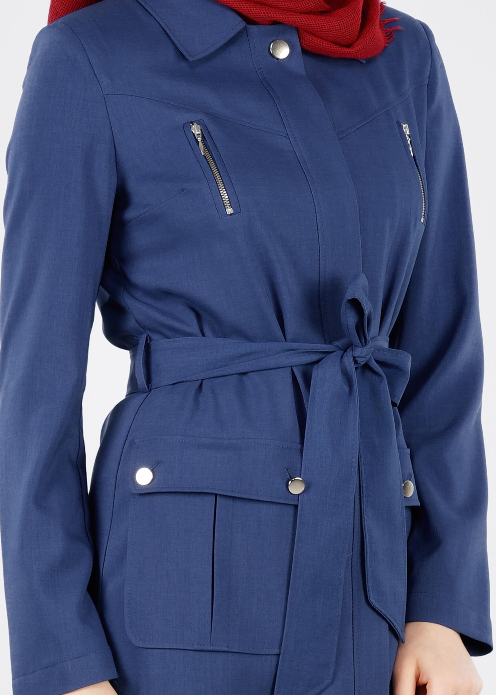 Tesettür giyim LACİVERT KEMERLİ CEPLİ TRENÇKOT 1026 