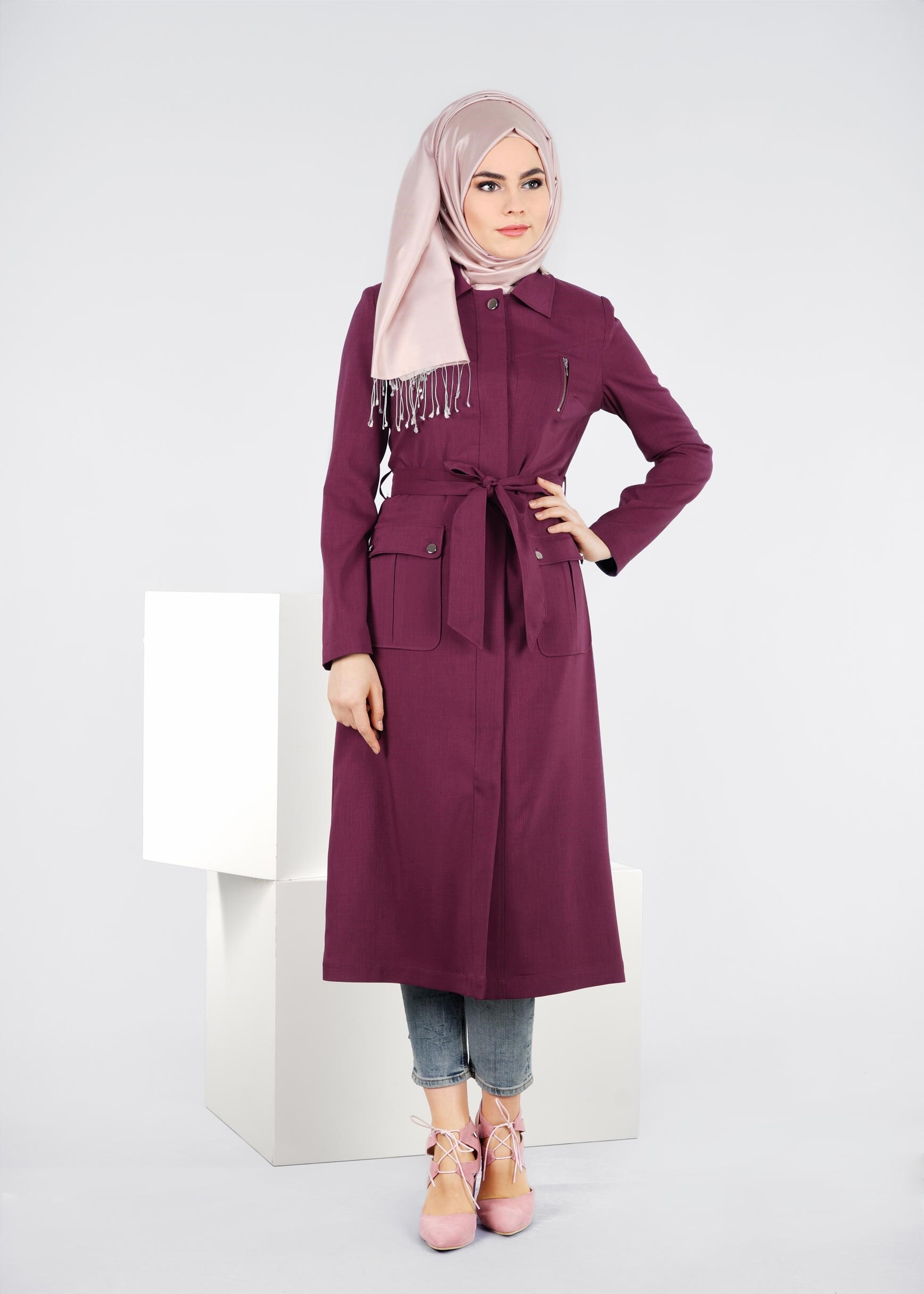 Tesettür giyim MOR KEMERLİ CEPLİ TRENÇKOT 1026 