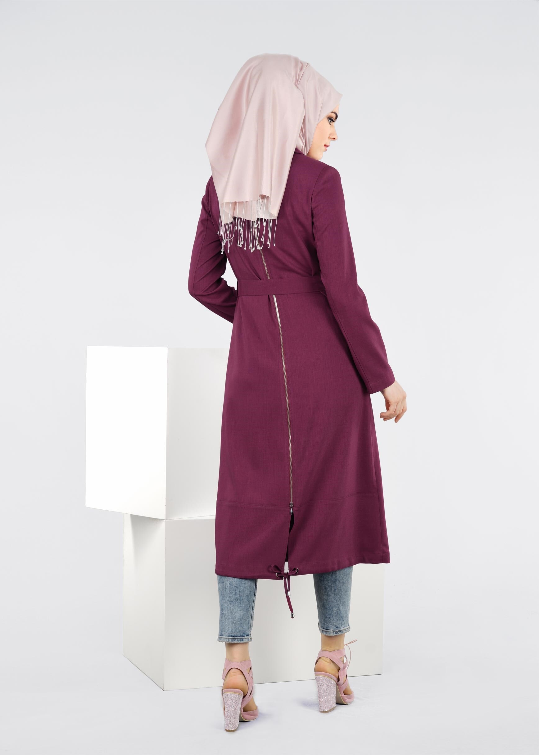 Tesettür giyim MOR KEMERLİ CEPLİ TRENÇKOT 1026 