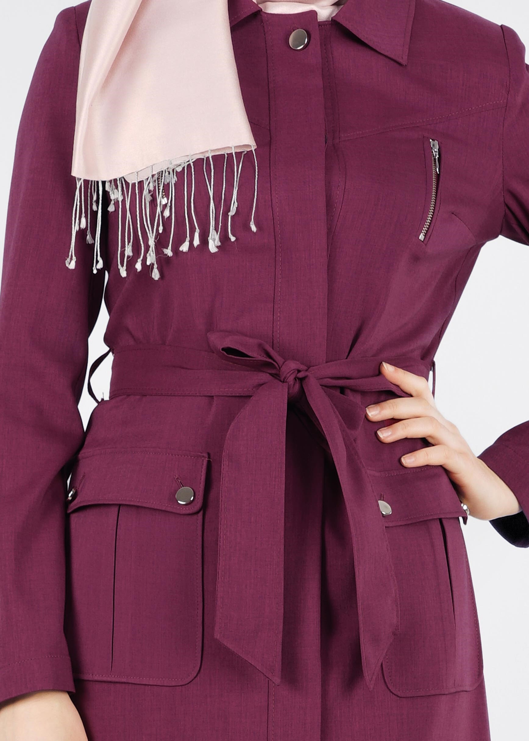 Tesettür giyim MOR KEMERLİ CEPLİ TRENÇKOT 1026 