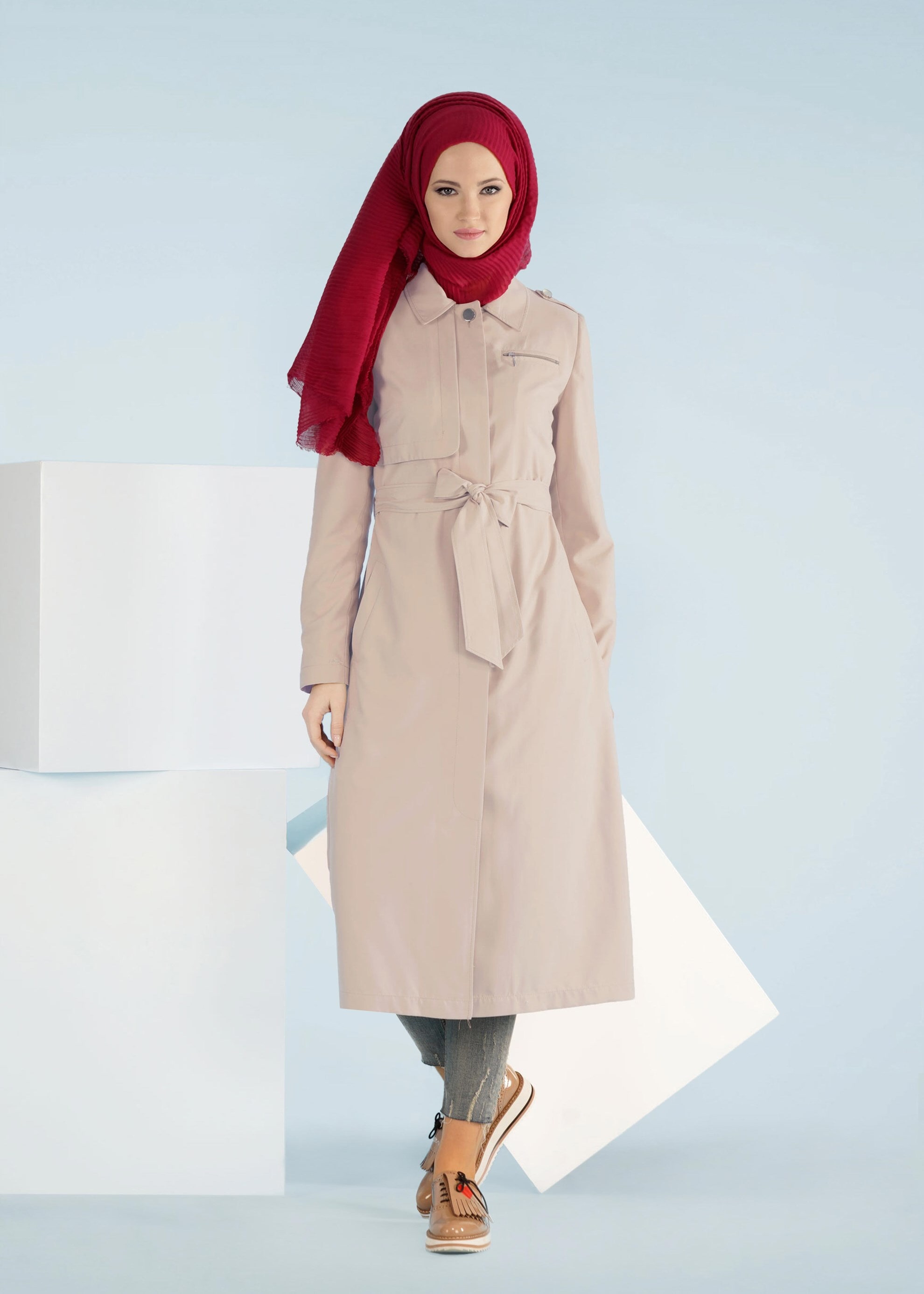 Tesettür giyim KAHVE ARKADAN DÜĞMELİ KUŞAKLI TRENÇKOT 1031