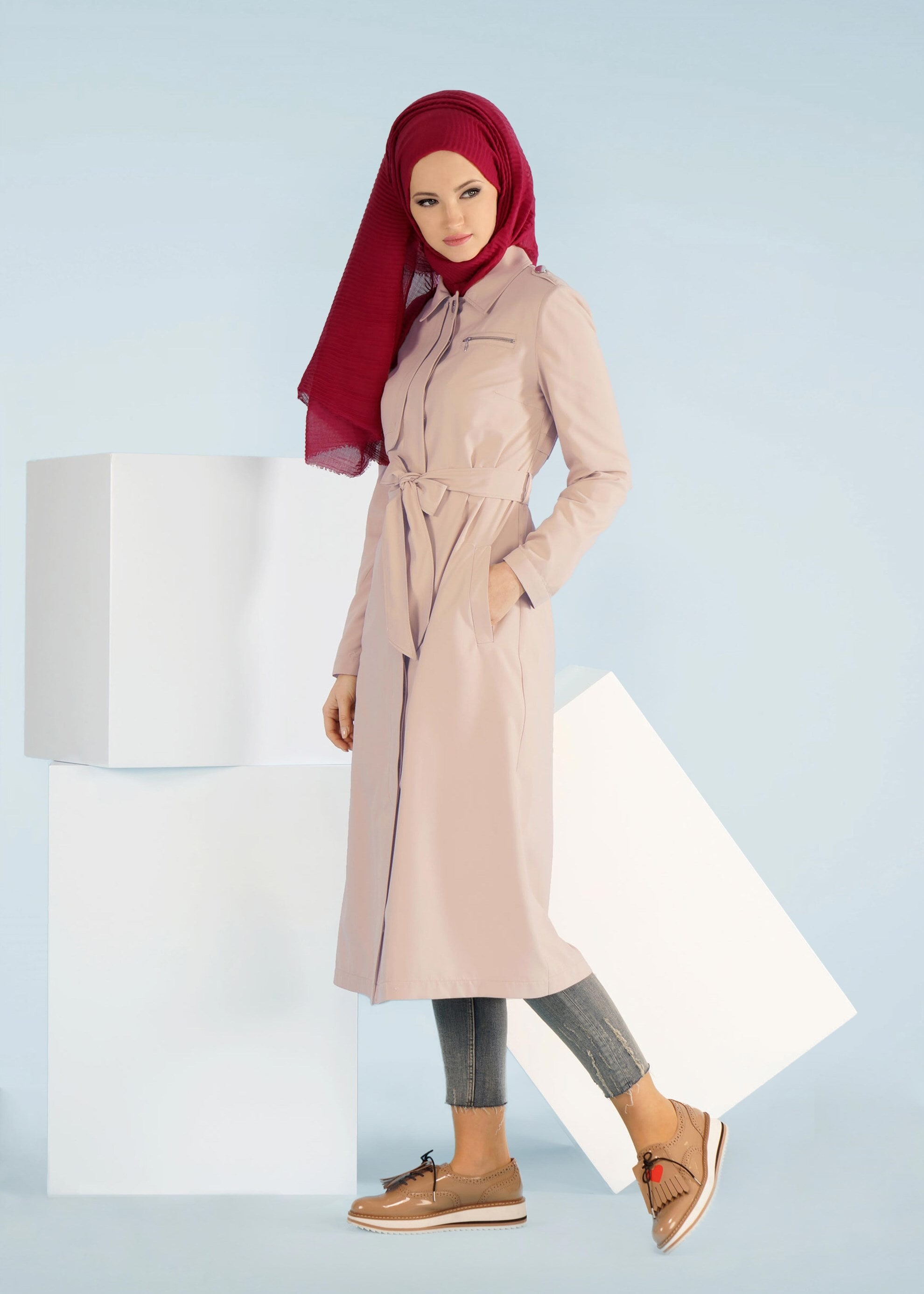 Tesettür giyim KAHVE ARKADAN DÜĞMELİ KUŞAKLI TRENÇKOT 1031
