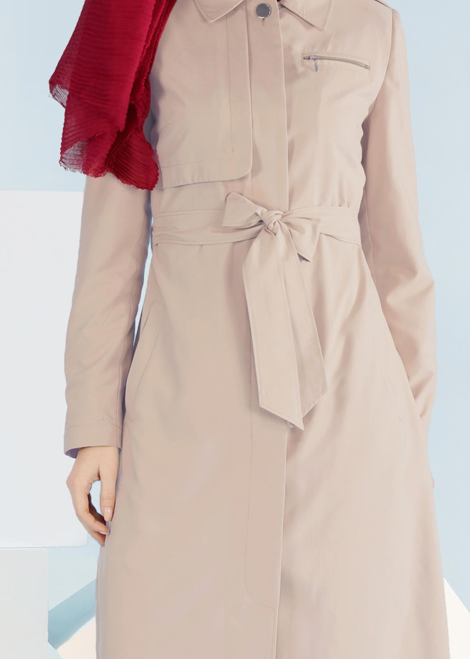 Tesettür giyim KAHVE ARKADAN DÜĞMELİ KUŞAKLI TRENÇKOT 1031