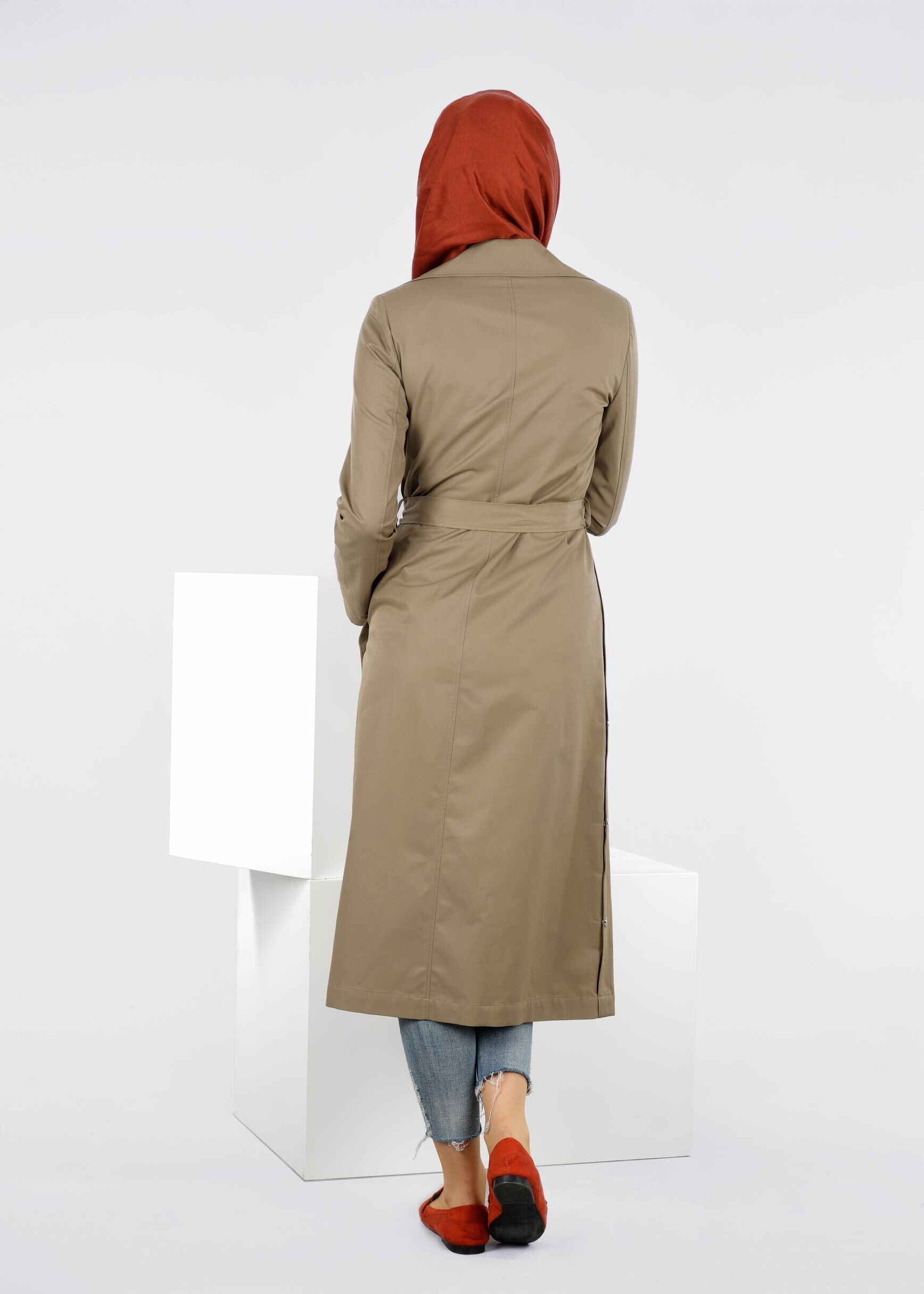 Tesettür giyim HAKİ CEPLİ KUŞAKLI TRENÇKOT 1032