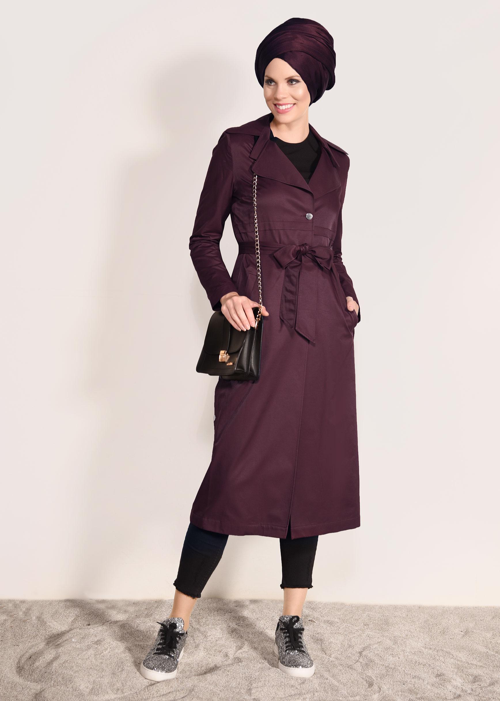 Tesettür giyim BORDO CEPLİ KUŞAKLI TRENÇKOT 1032