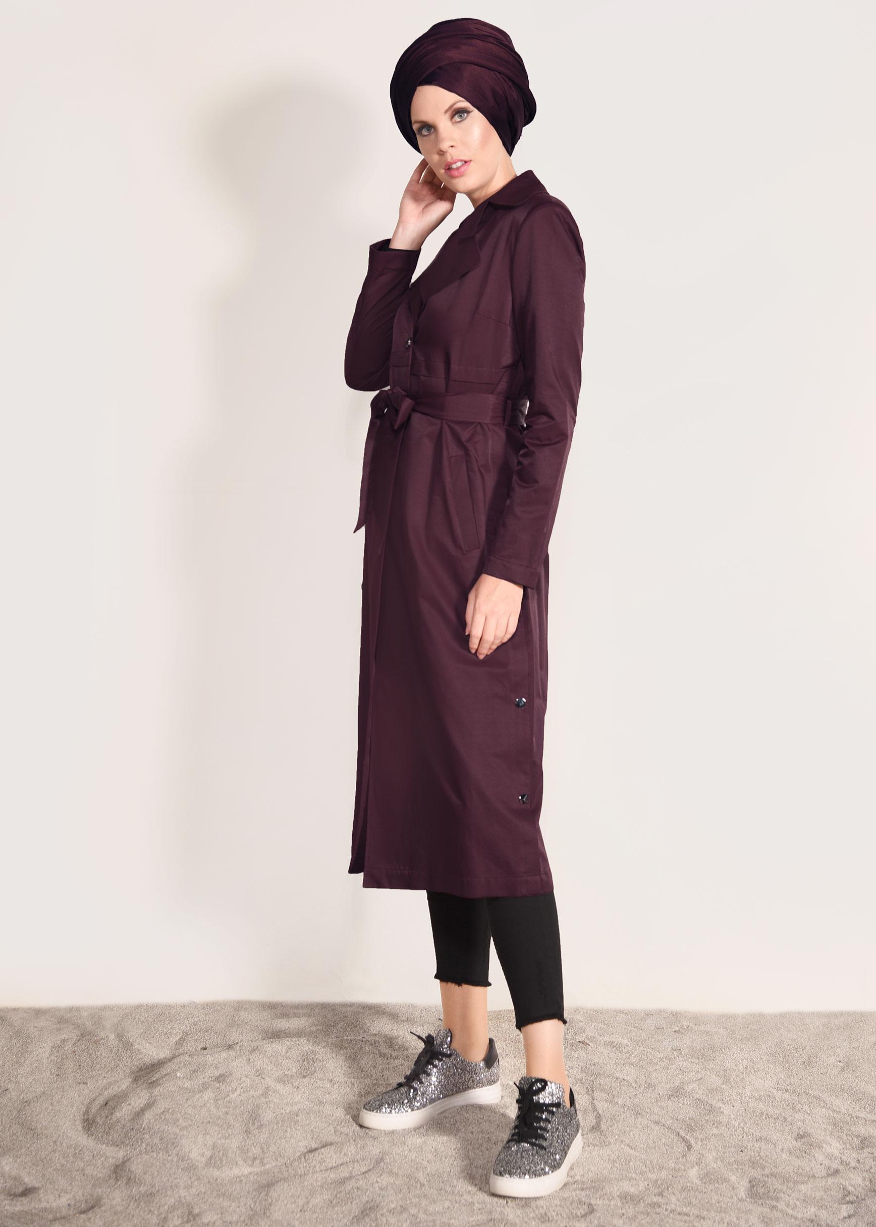 Tesettür giyim BORDO CEPLİ KUŞAKLI TRENÇKOT 1032