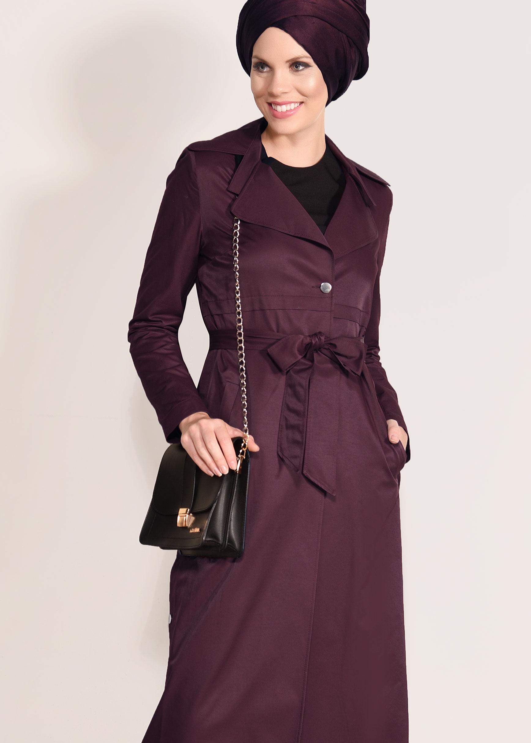 Tesettür giyim BORDO CEPLİ KUŞAKLI TRENÇKOT 1032
