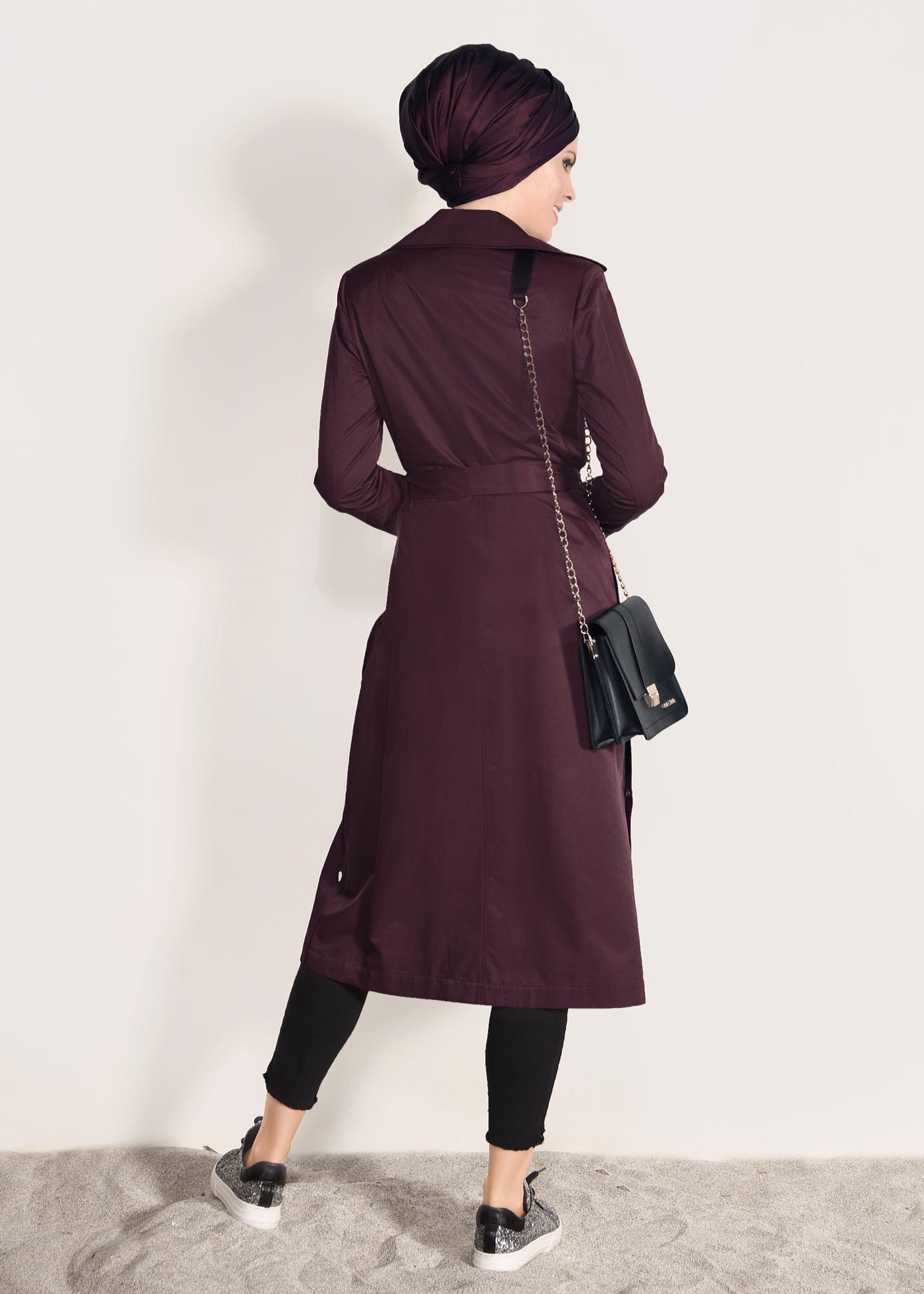 Tesettür giyim BORDO CEPLİ KUŞAKLI TRENÇKOT 1032