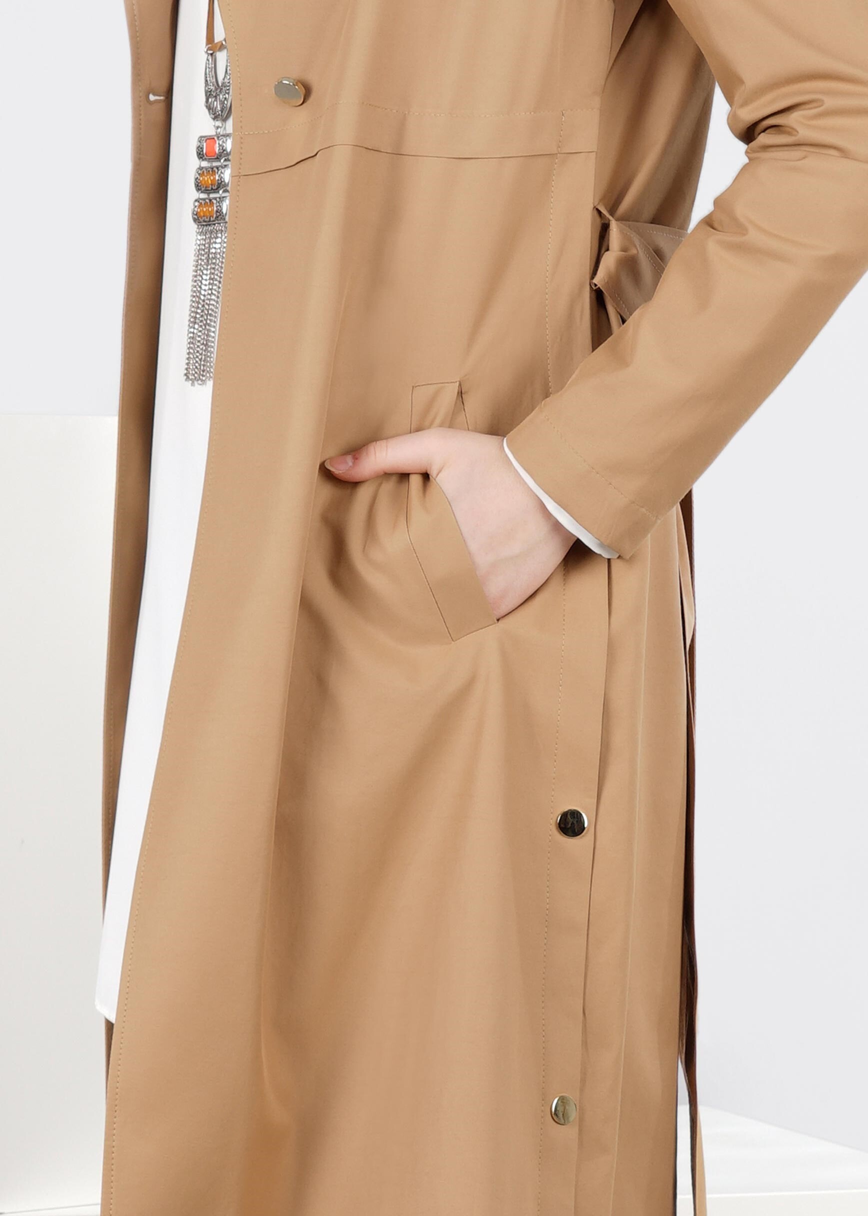 Tesettür giyim KAHVE CEPLİ KUŞAKLI TRENÇKOT 1032