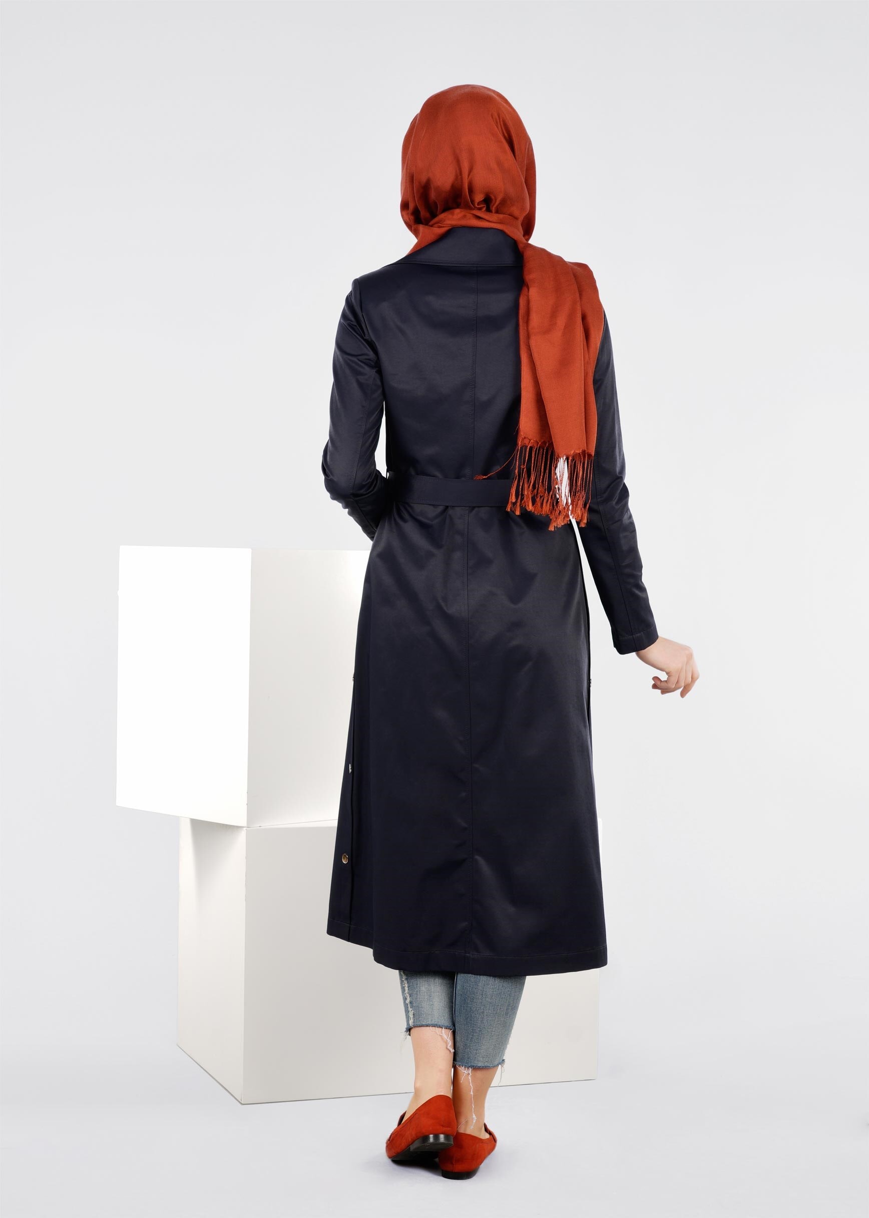 Tesettür giyim LACİVERT CEPLİ KUŞAKLI TRENÇKOT 1032