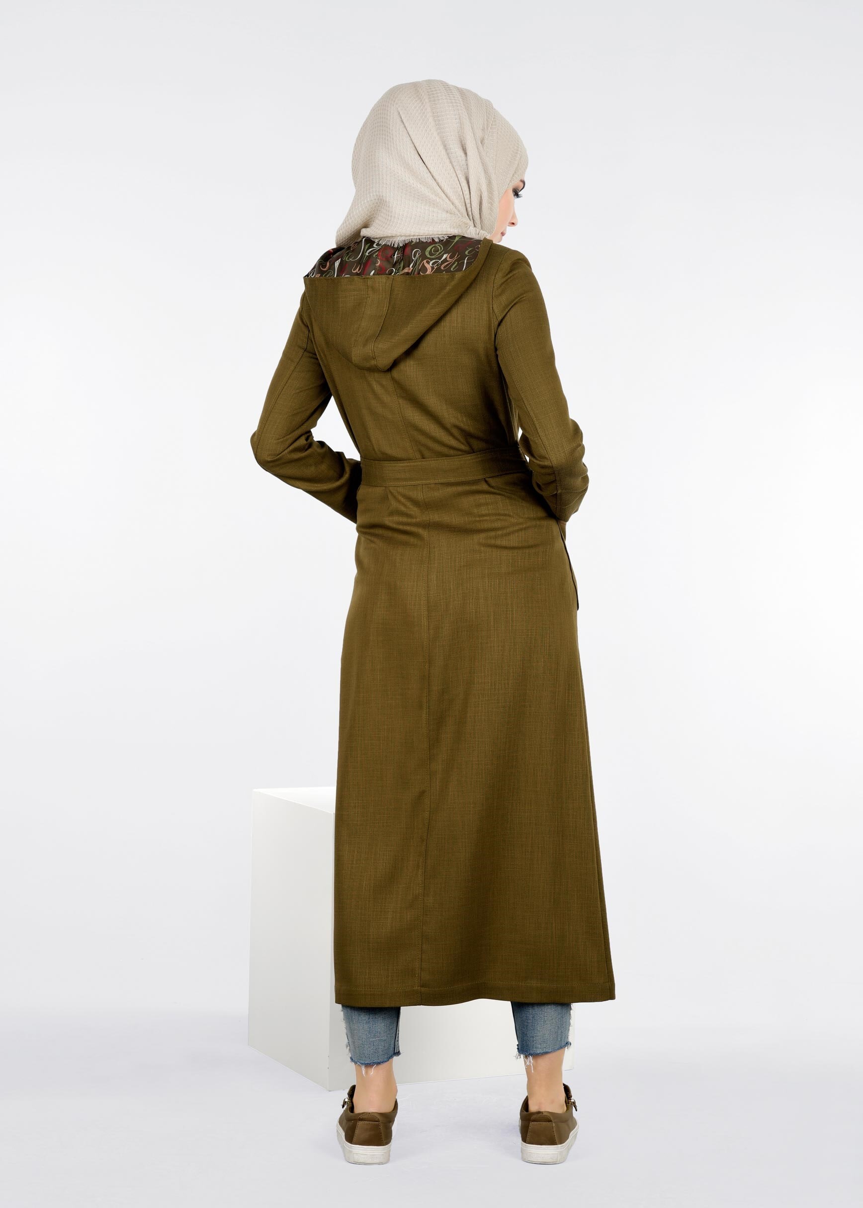 Tesettür giyim HAKİ KUŞAKLI KAPÜŞONLU TRENÇKOT 1034