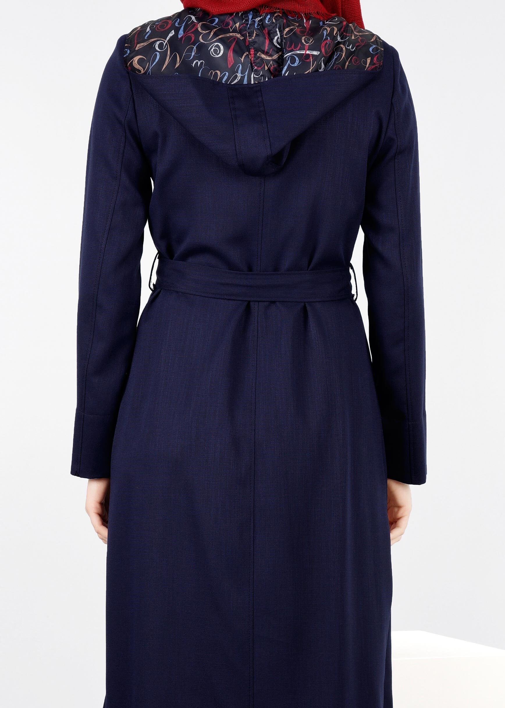 Tesettür giyim LACİVERT KUŞAKLI KAPÜŞONLU TRENÇKOT 1034