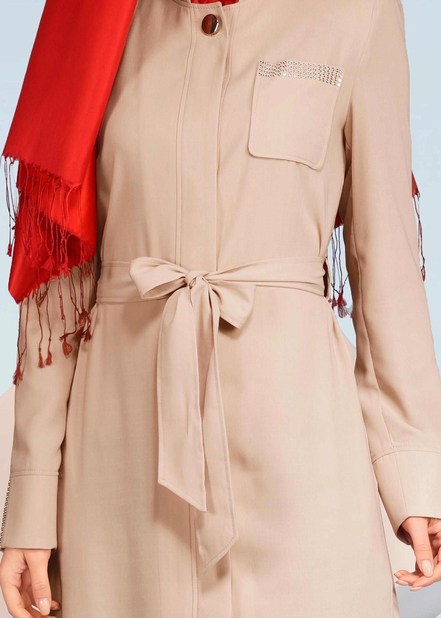 Tesettür giyim BEJ DÜĞMELİ KUŞAKLI TRENÇKOT 1035 