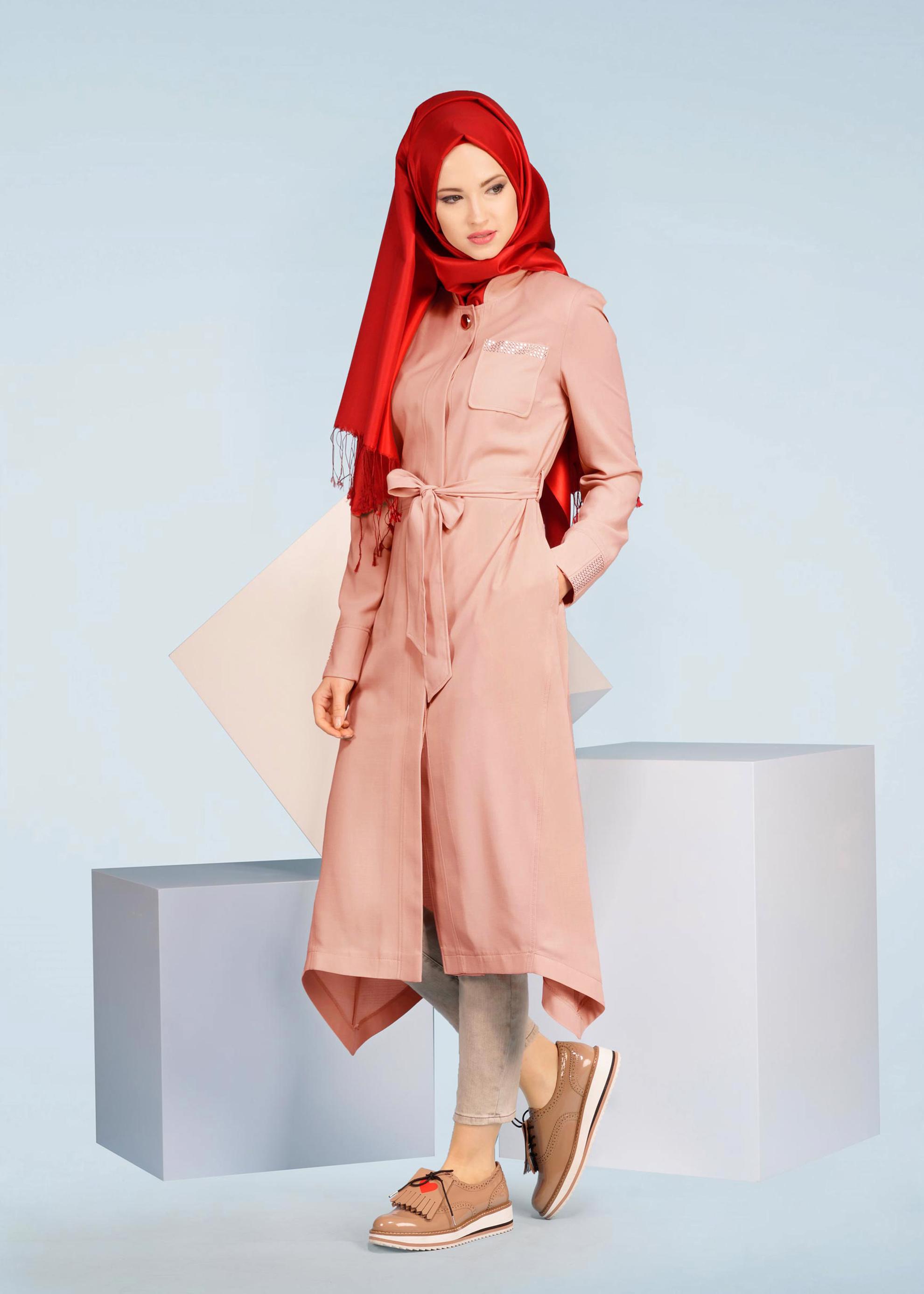 Tesettür giyim PUDRA DÜĞMELİ KUŞAKLI TRENÇKOT 1035 