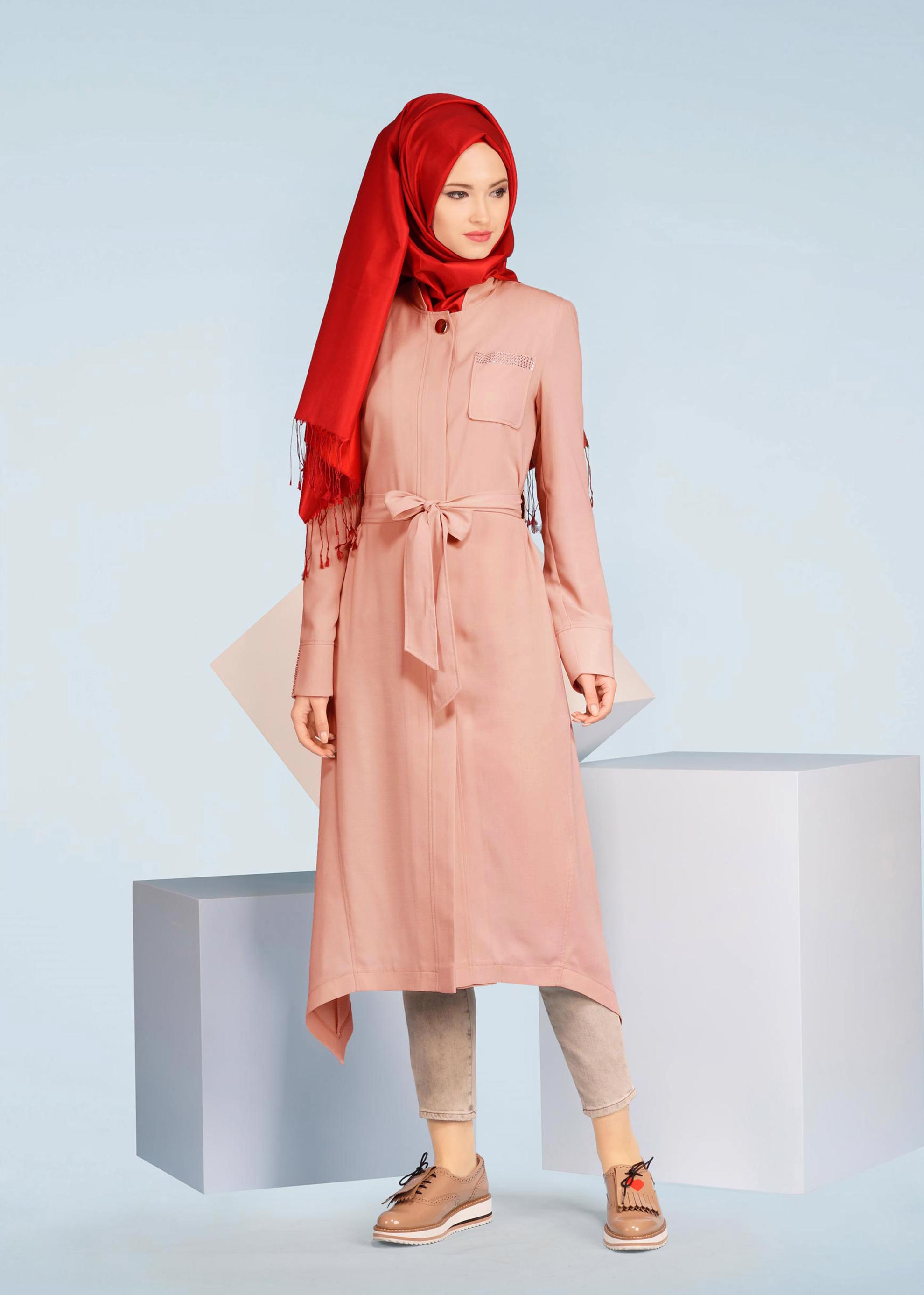 Tesettür giyim PUDRA DÜĞMELİ KUŞAKLI TRENÇKOT 1035 