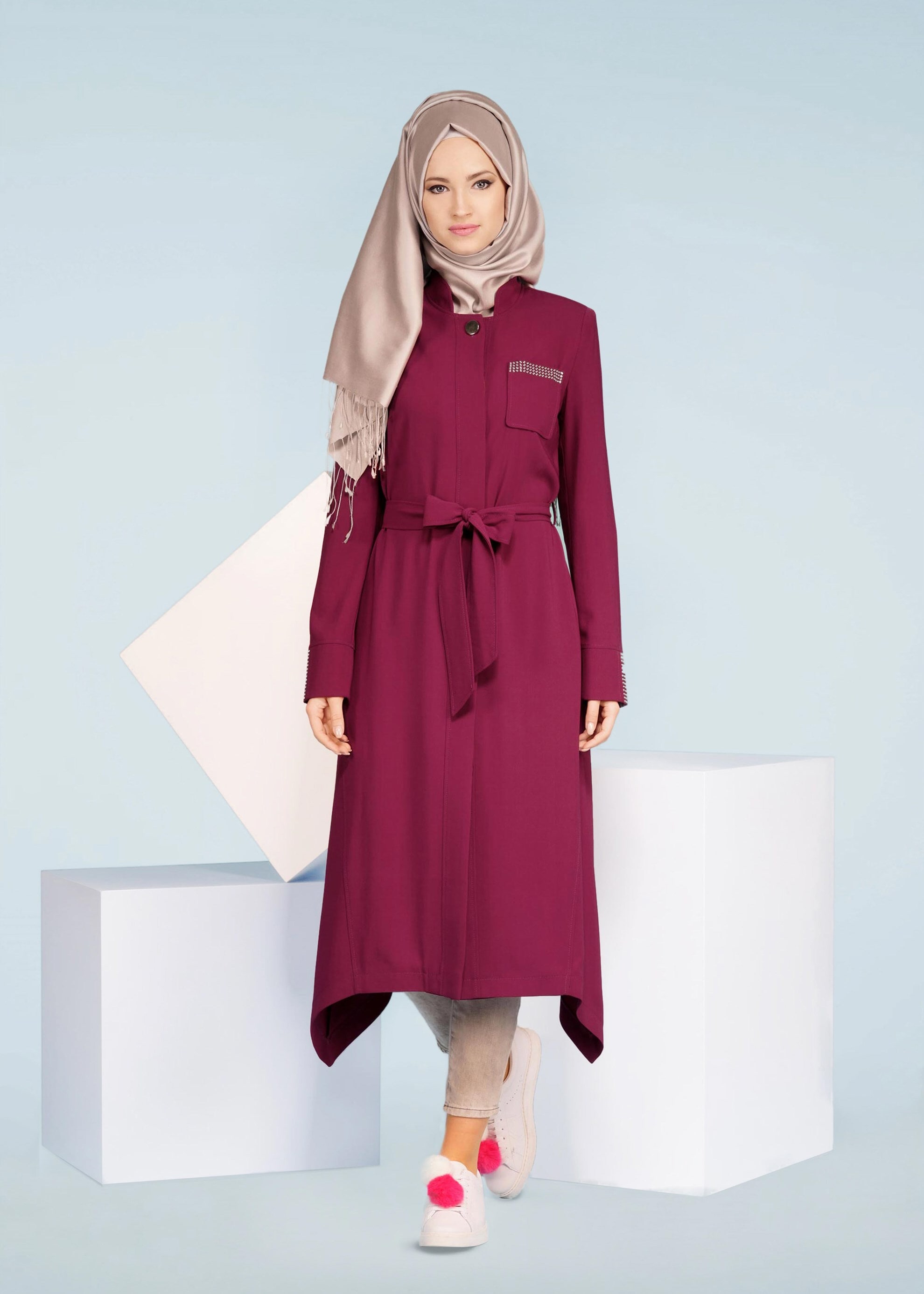 Tesettür giyim MOR DÜĞMELİ KUŞAKLI TRENÇKOT 1035 