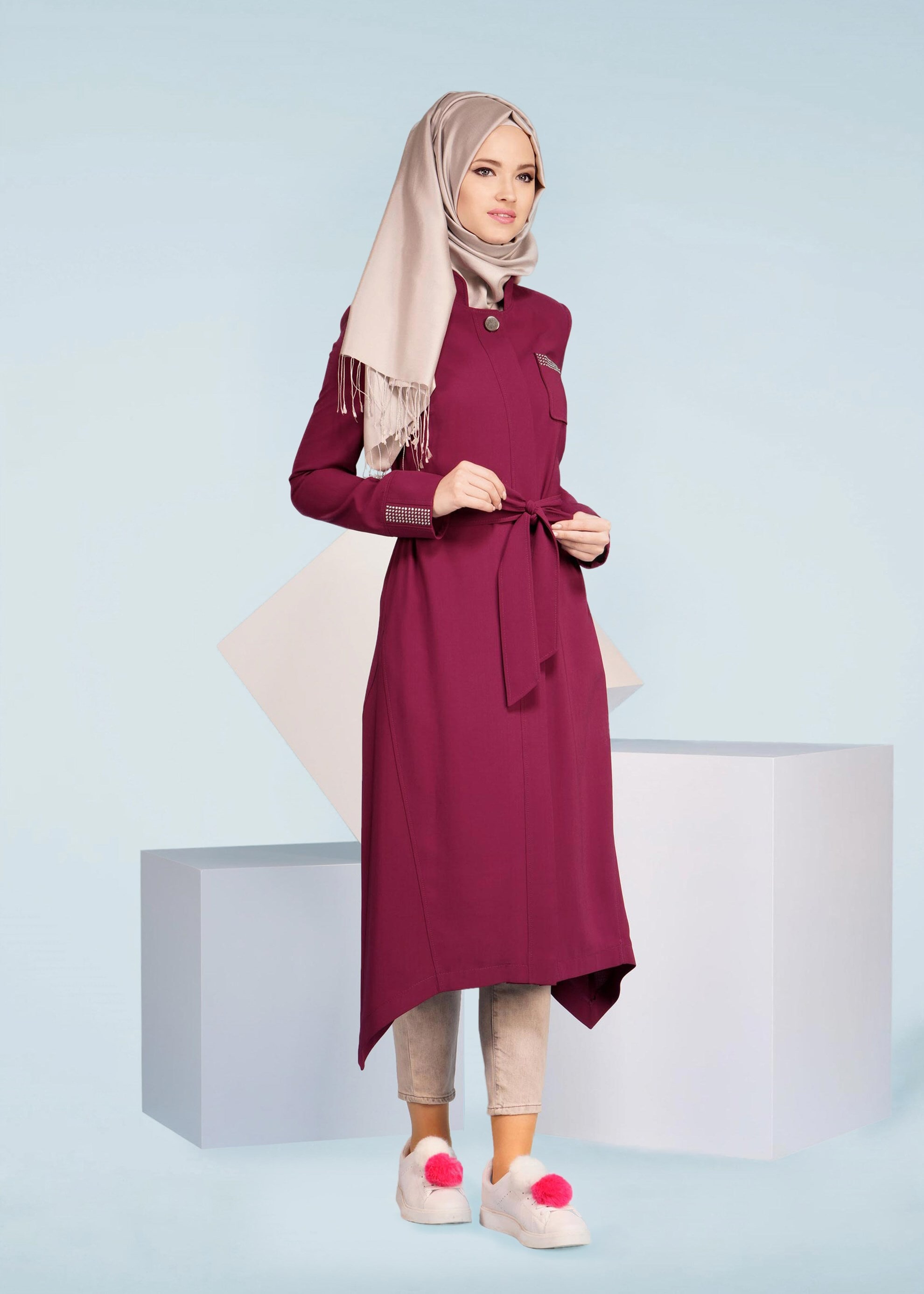 Tesettür giyim MOR DÜĞMELİ KUŞAKLI TRENÇKOT 1035 