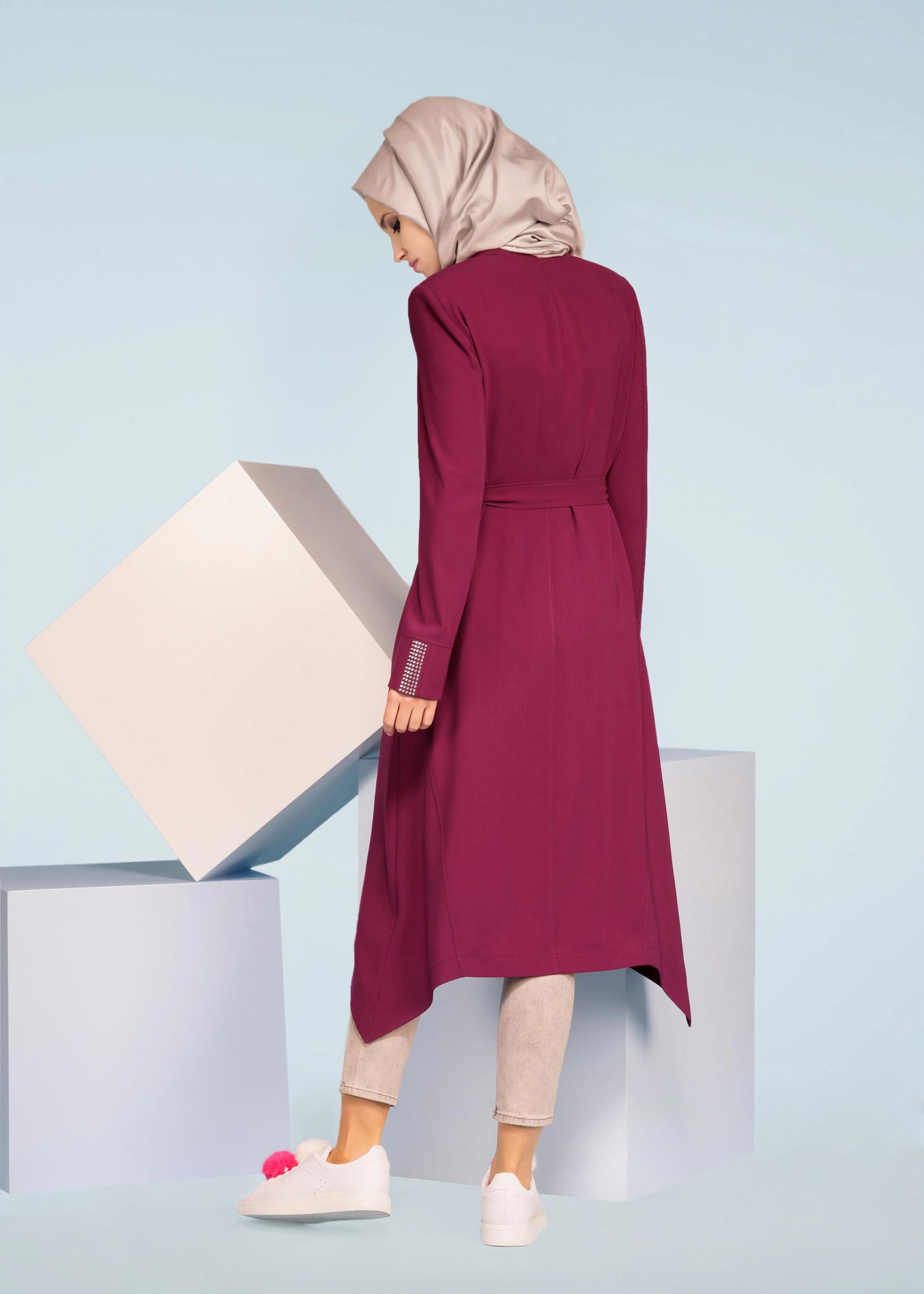 Tesettür giyim MOR DÜĞMELİ KUŞAKLI TRENÇKOT 1035 