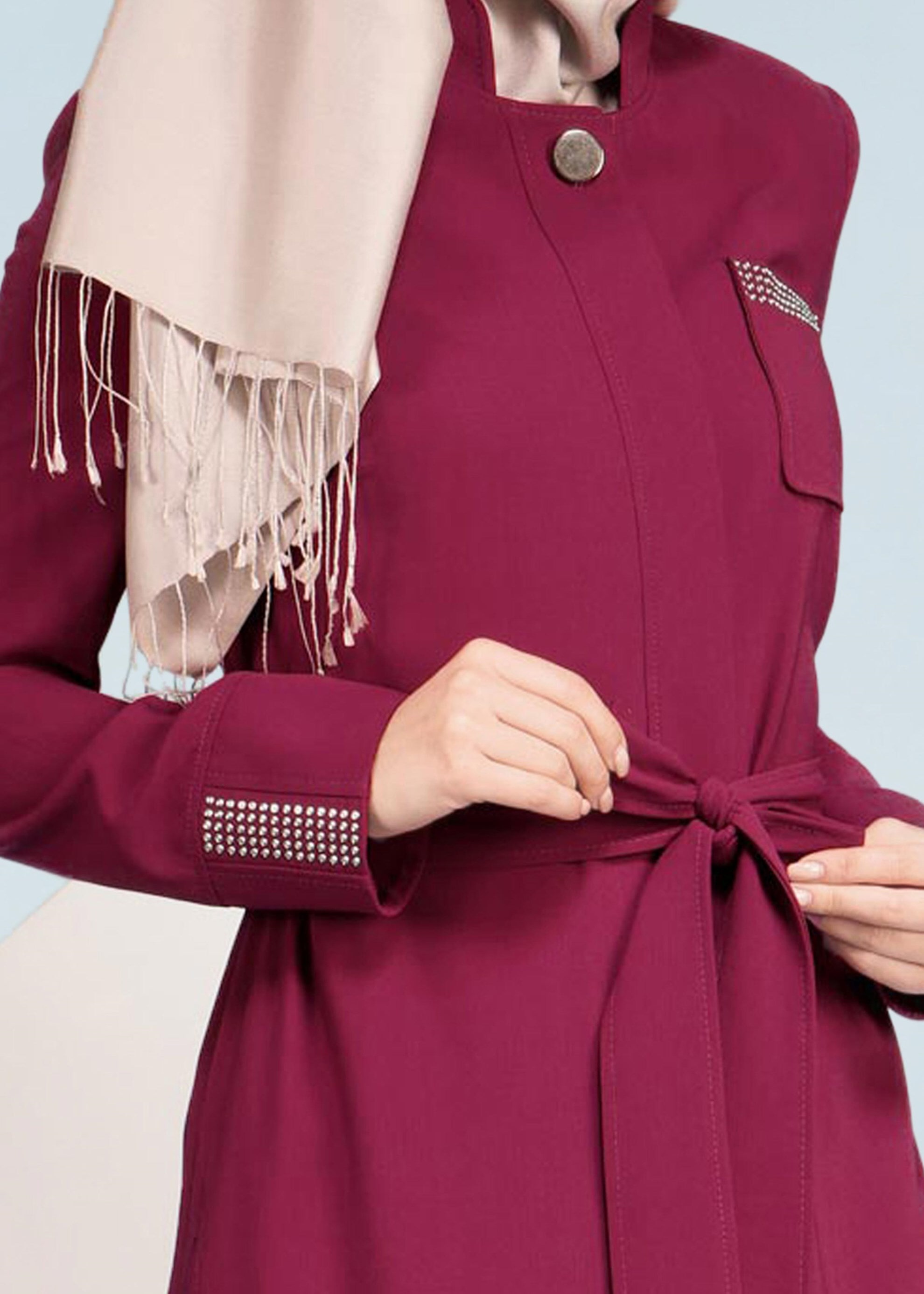 Tesettür giyim MOR DÜĞMELİ KUŞAKLI TRENÇKOT 1035 