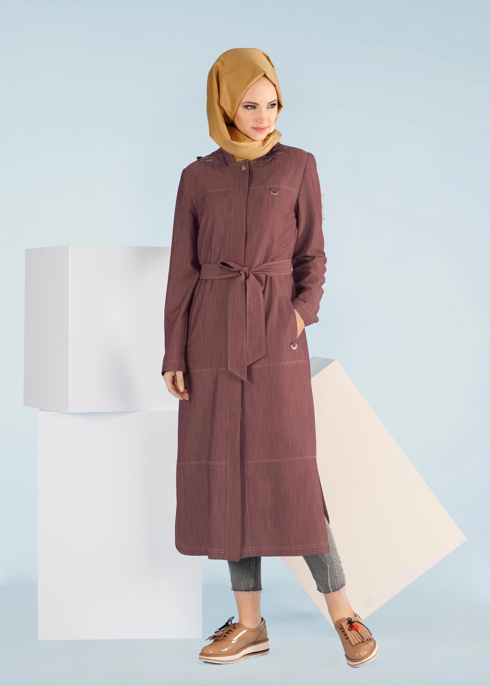 Tesettür giyim TURUNCU KUŞAKLI FERMUARLI TRENÇKOT 1038 