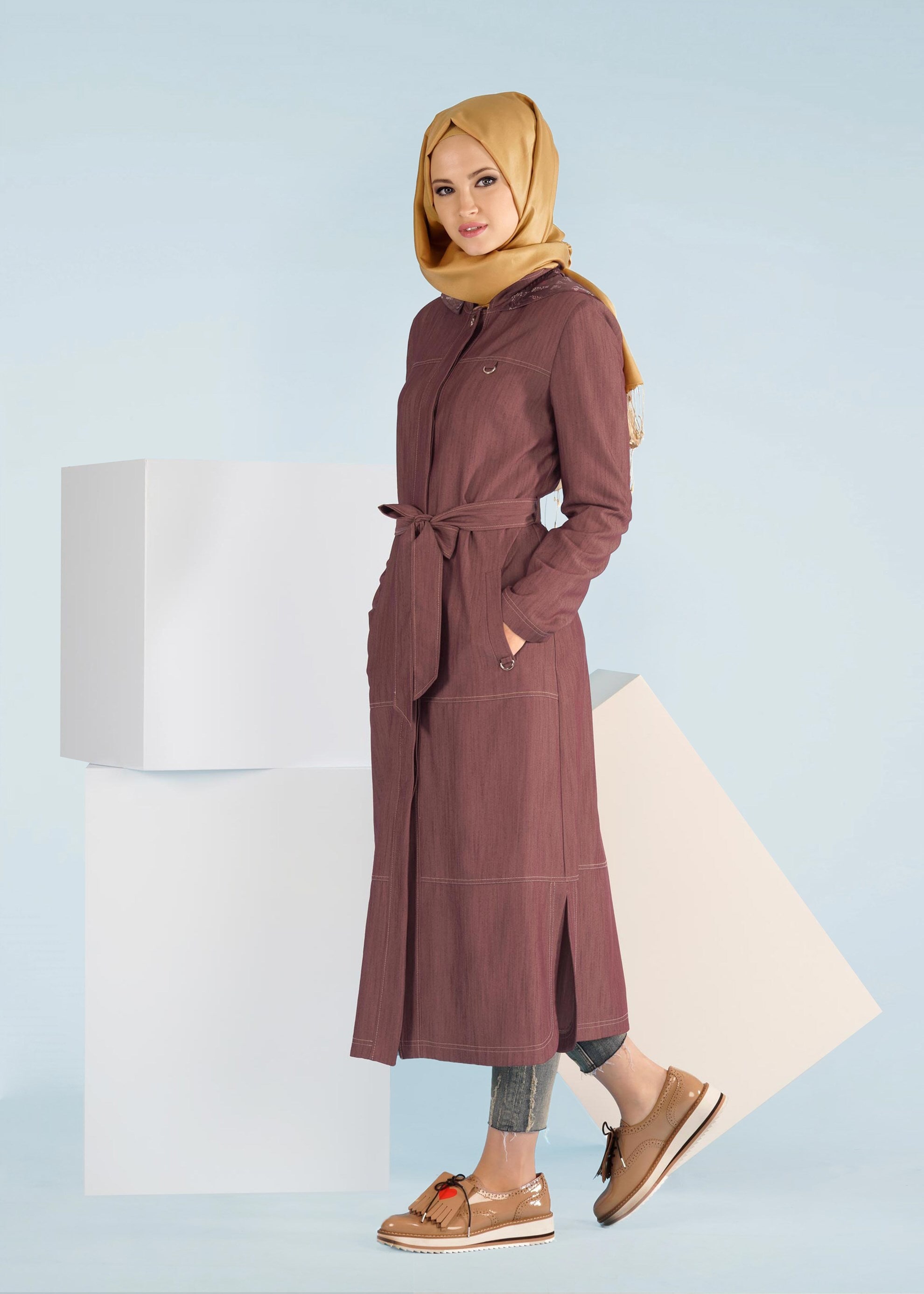 Tesettür giyim TURUNCU KUŞAKLI FERMUARLI TRENÇKOT 1038 