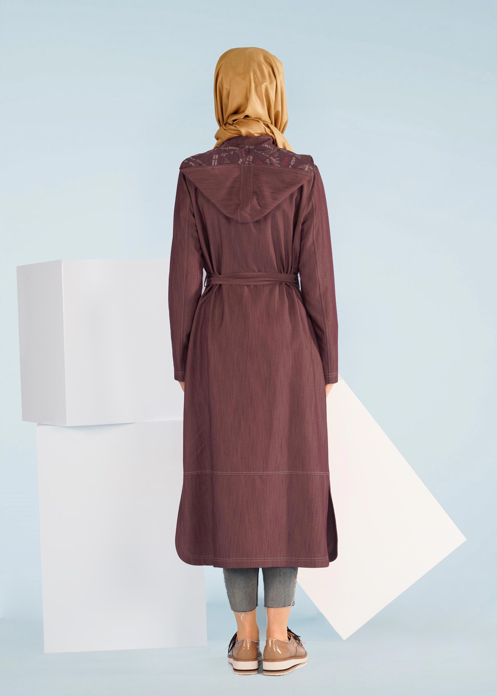 Tesettür giyim TURUNCU KUŞAKLI FERMUARLI TRENÇKOT 1038 