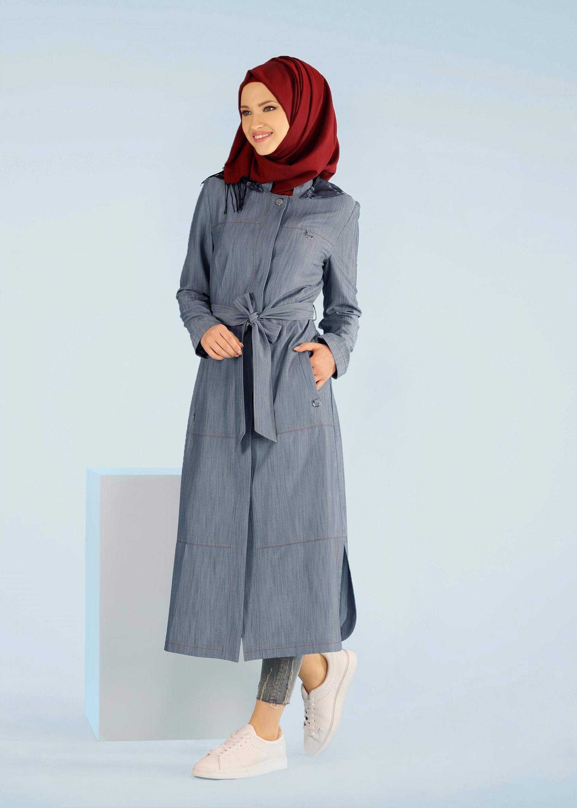 Tesettür giyim LACİVERT KUŞAKLI FERMUARLI TRENÇKOT 1038 