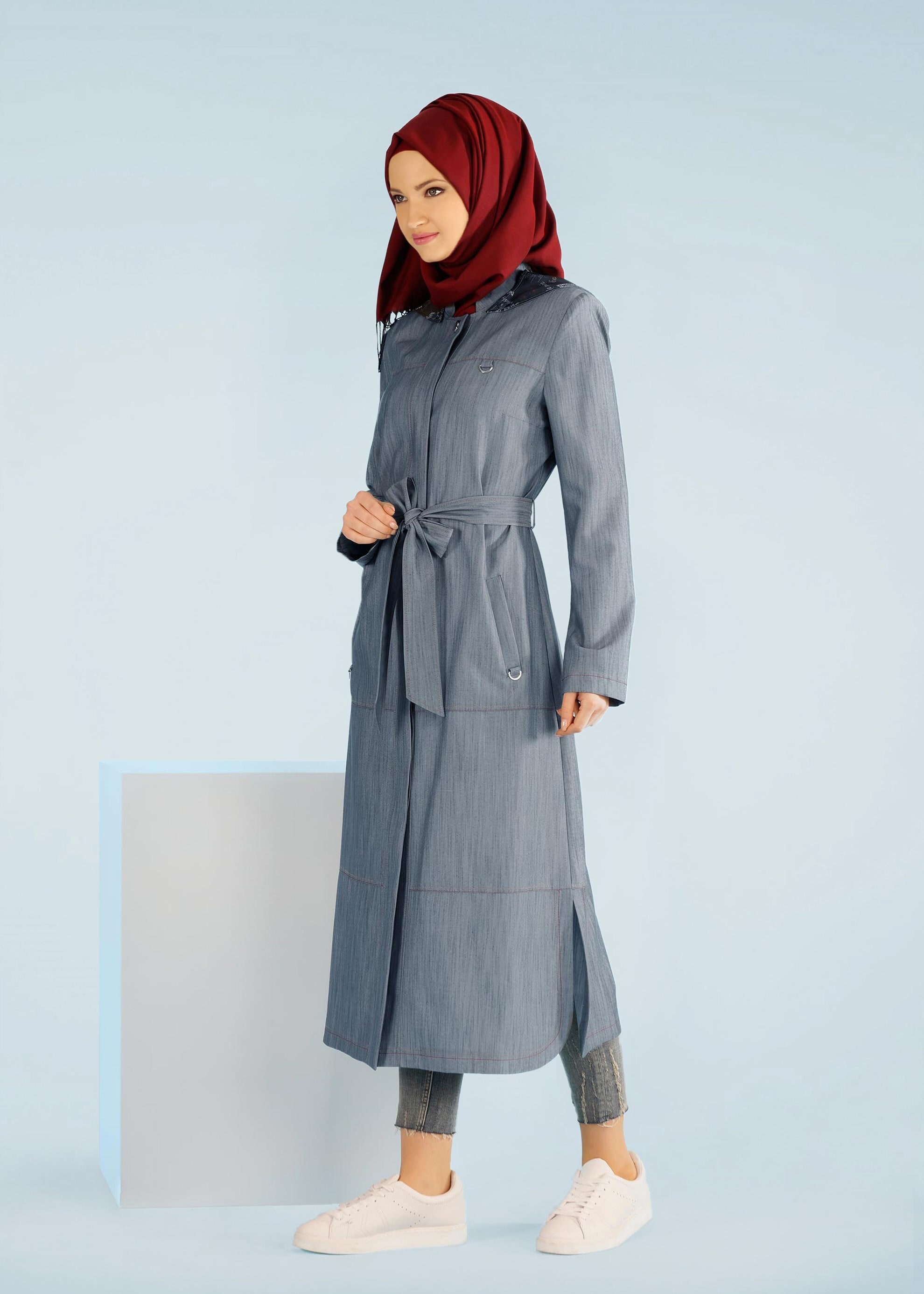 Tesettür giyim LACİVERT KUŞAKLI FERMUARLI TRENÇKOT 1038 