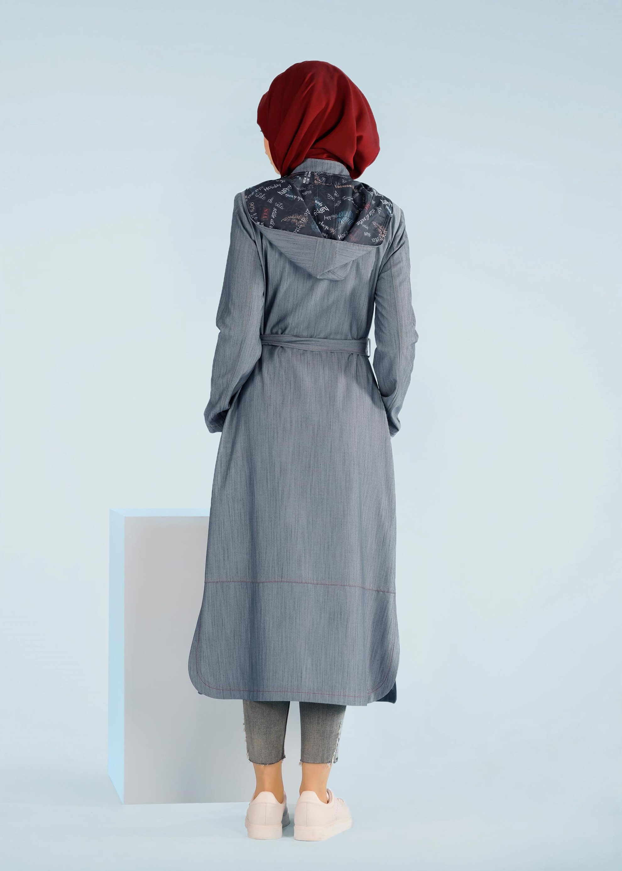 Tesettür giyim LACİVERT KUŞAKLI FERMUARLI TRENÇKOT 1038 